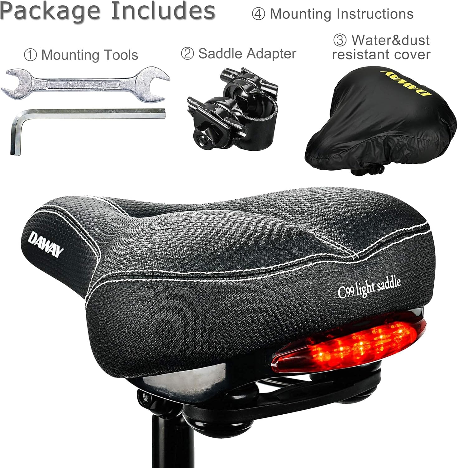 DAWAY C99 Comfortable Wide Bike Saddle and C6 Black Soft Gel Foam Padded Large Bicycle Seat Cover for Men Women, Universal Fit for Outdoor Indoor Exercise Bikes