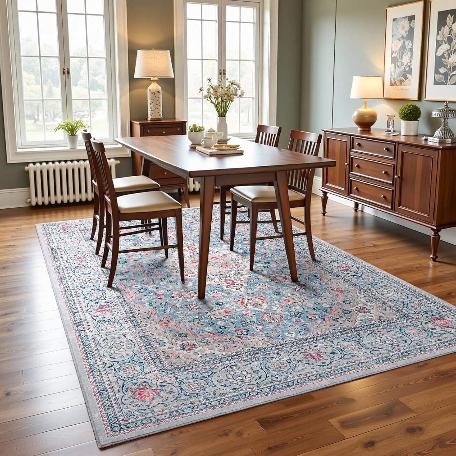 4x6 Blue Washable Boho Area Rug for Bedroom, Vintage Floral Non Slip Living Room Rugs, Soft Low Pile Indoor Mat, Aesthetic Pattern Carpet for Kitchen, Dining Room and Bedside