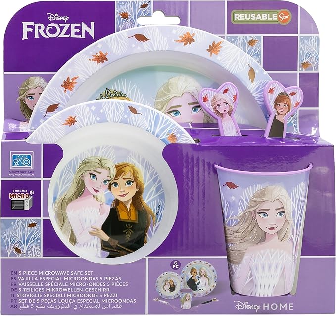 Set vajilla infantil reutilizable apta para microondas compuesto por vaso, plato, cuenco y cubiertos de Frozen