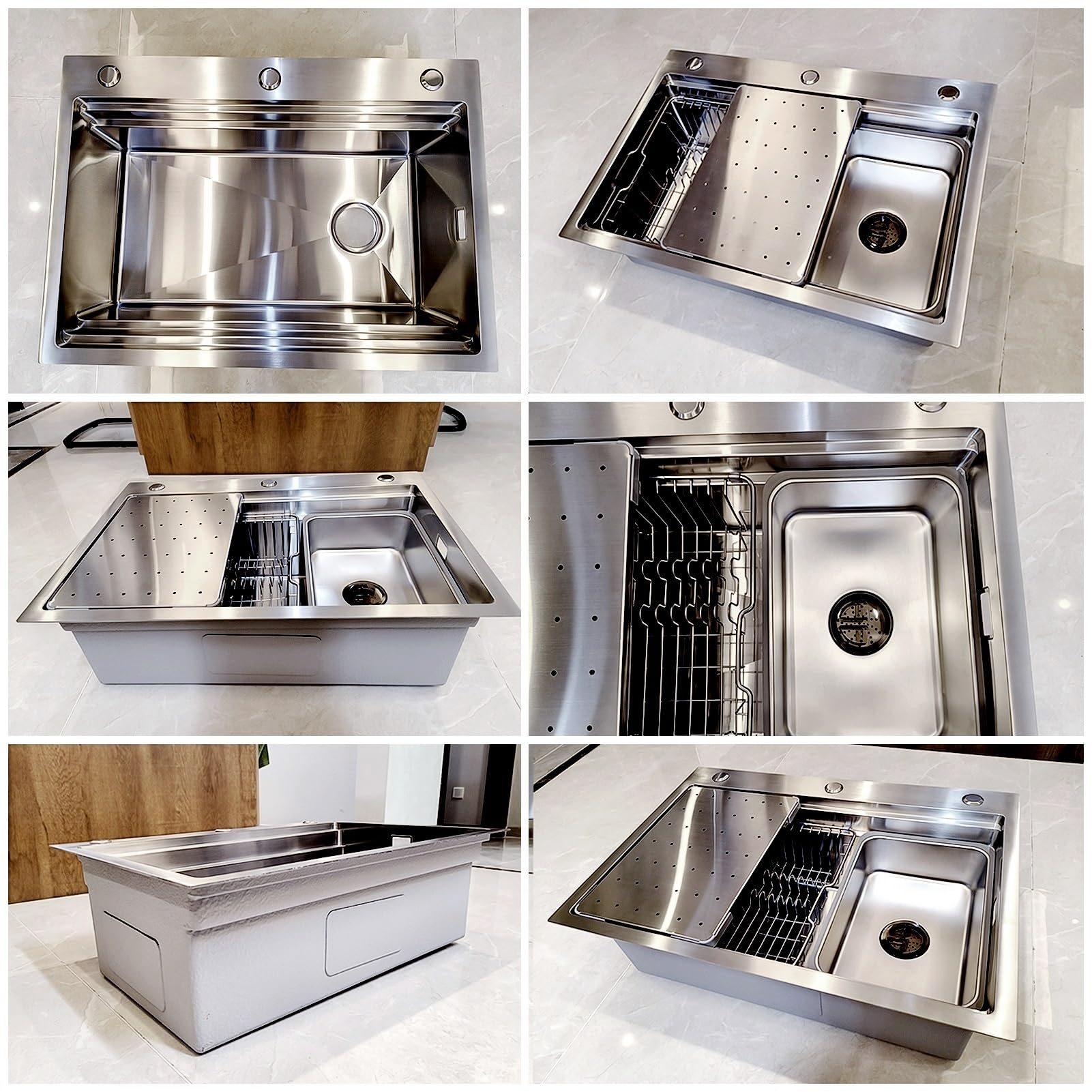 Fregadero de 65 x 50 cm de acero inoxidable 304, con sifón, escurridor, tabla de cortar, lavabo pequeño, fregadero de cocina grande y moderno, 1 lavabo, empotrable/instalación desde arriba