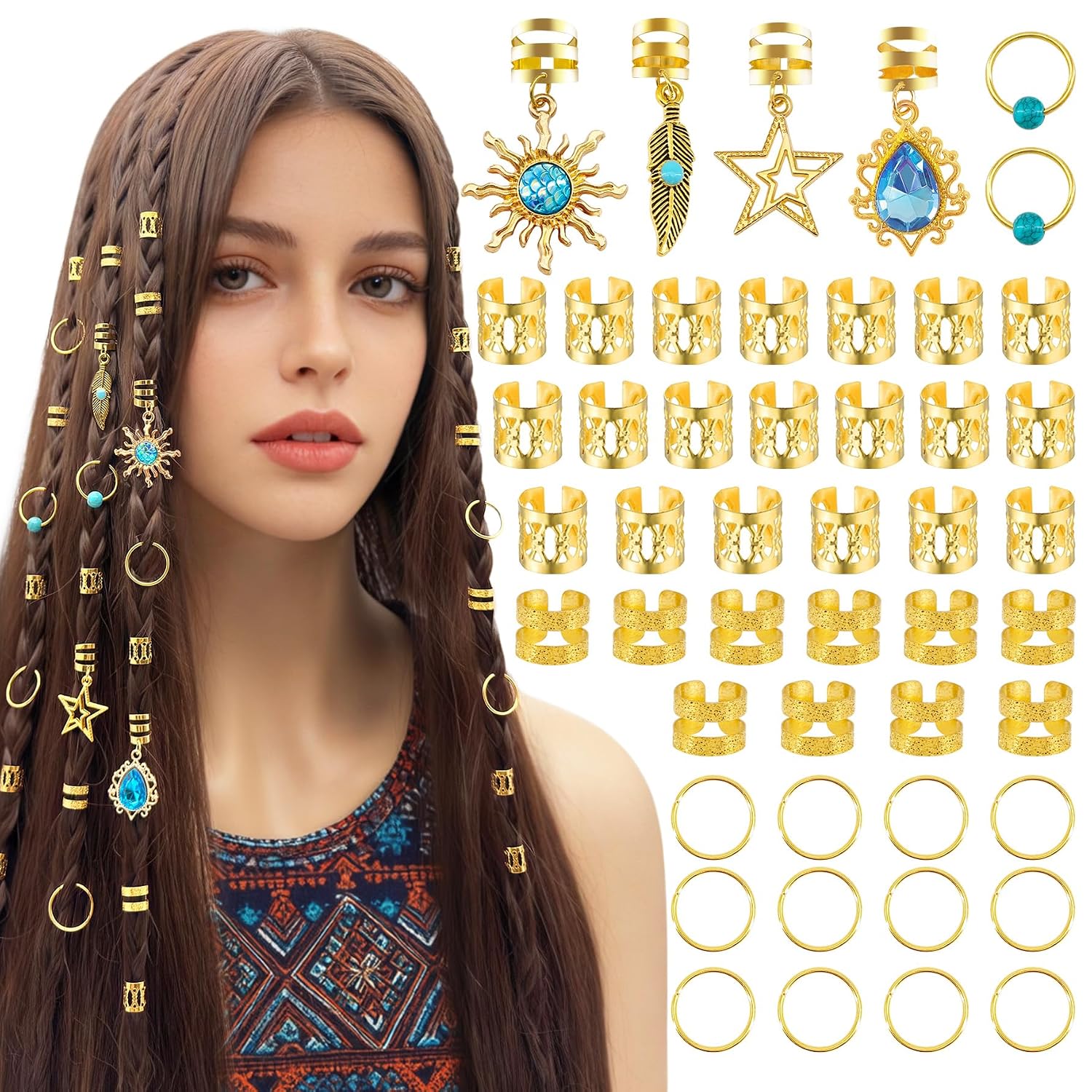 46Pcs Baroque Style Hair Jewelry with Star & Turquoise Imitation Charms, Adjustable Gold Metal Hair Cuffs Rings for Braids Dreadlocks, Festival Wedding Boho Hair Accessories for Women