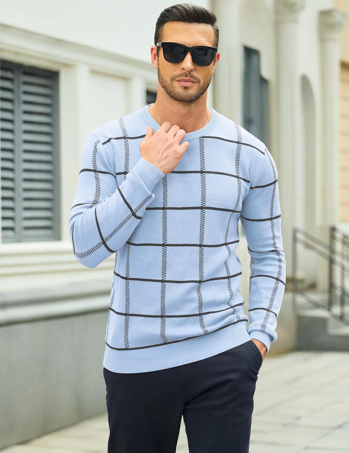 MAGCOMSEN Men's Crewneck Sweaters Cotton Lightweight Plaid Pullover Sweater Warm Casual Fall Winter Sweatshirts - Image 2