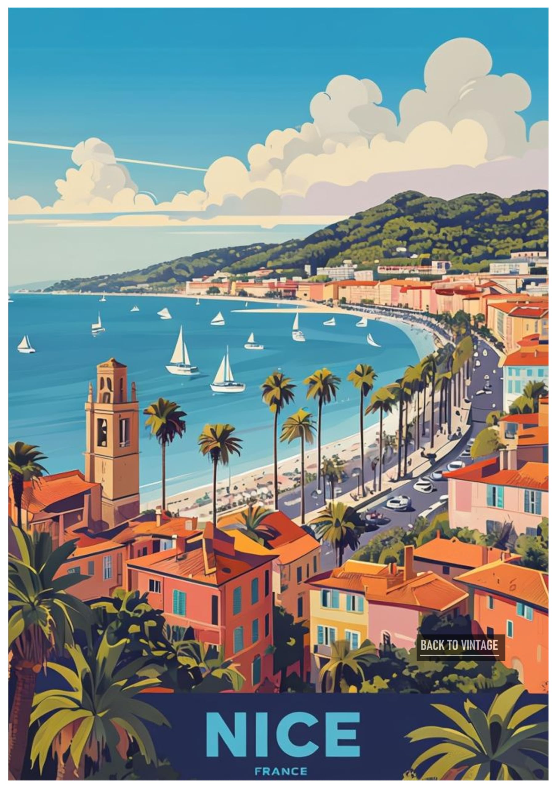 Back To Vintage Multicoloured Vivid Poster Depicting Nice City France's Coastal Charm - Retro Europe Travel Poster A4 Size Vintage Wall Art Print Of Famous European Destinations Ideal For Home Or Office Decor