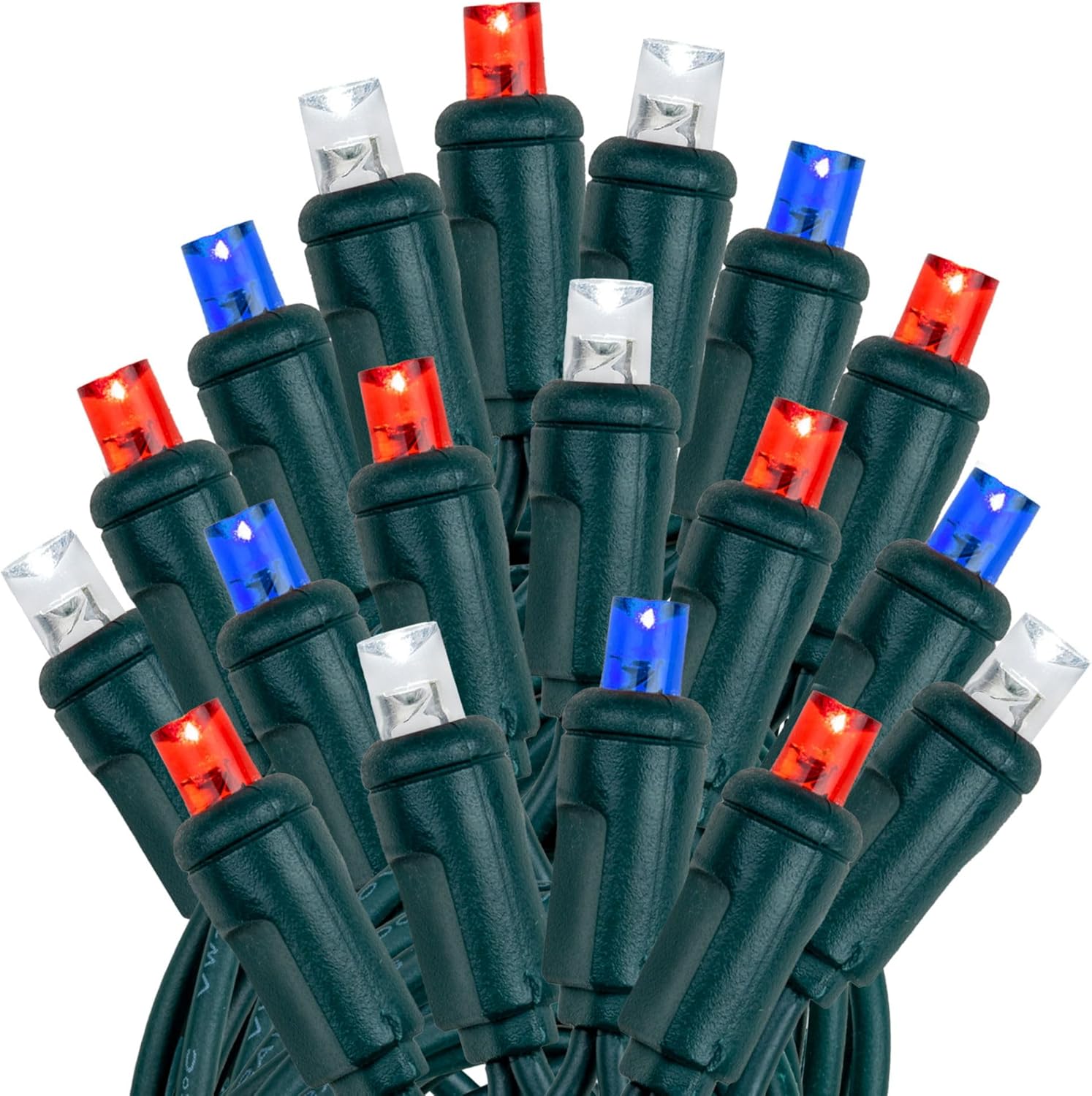 Novelty Lights 50ft 100 LED Red/Pure White/Blue Christmas Lights Outdoor/Indoor, 6" Spacing, Green Wire String Lights for Festive Xmas Lighting, IP55, UL Listed, Dimmable, Connectable
