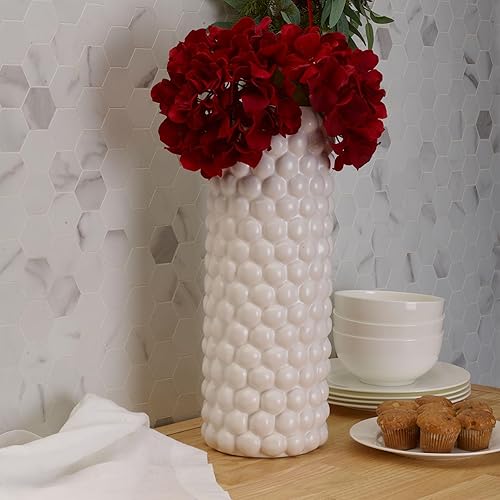 Miniatura 6 de Elements Jarrón de punto texturizado de cerámica, para uso con flores secas o sintéticas y vegetación, 5.91 x 5.91 x 15.94 pulgadas, blanco