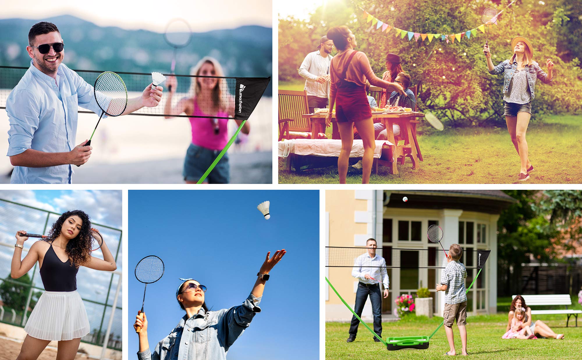 Meteor Juego de Bádminton para 2 o 4 Jugadores - Set con Raquetas, 3 Volantes y 1 Red
