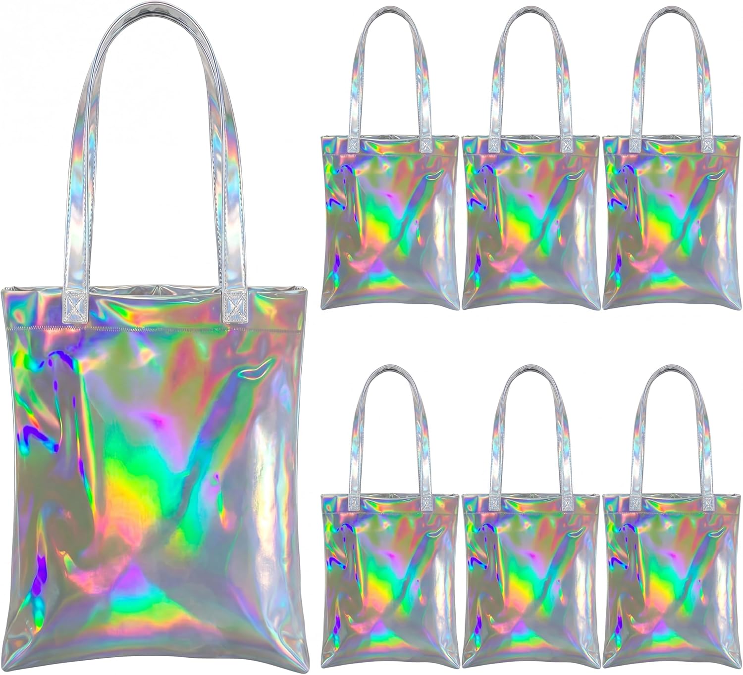 6 Pcs Iridescent Tote Bags with Handle Holographic Glossy Gift Bags for Graduation Party Favors Reusable Iridescent PU Leather Handbag Shoulder for Bachelorette Wedding Birthday Baby Shower