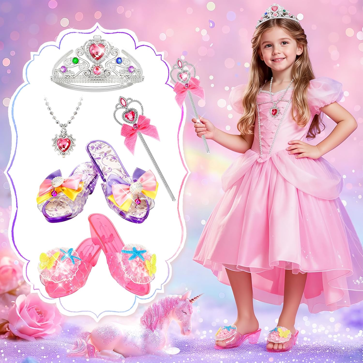Princess Dress Up Shoes Set, Toddler Princess Shoes for Girls, Pretend Play Dress Up Toys with Princess Necklace, Crown and Wand Set for Little Girls Gift Aged 3-6 Years Old - Image 3