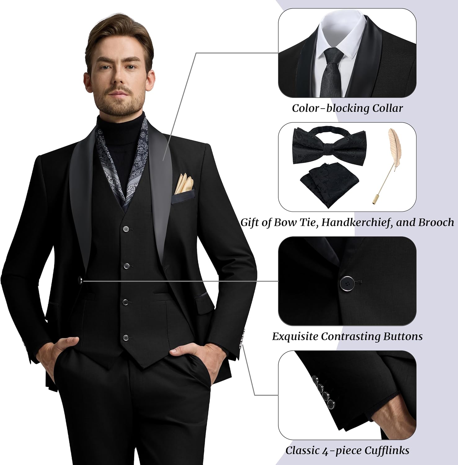 Mens Suit Slim Fit 3 Pieces Suit 1 Button Shawl Lapel Men Suit Blazer Jacket Vest Pants Bow Tie Pocket Square Brooch - Image 2