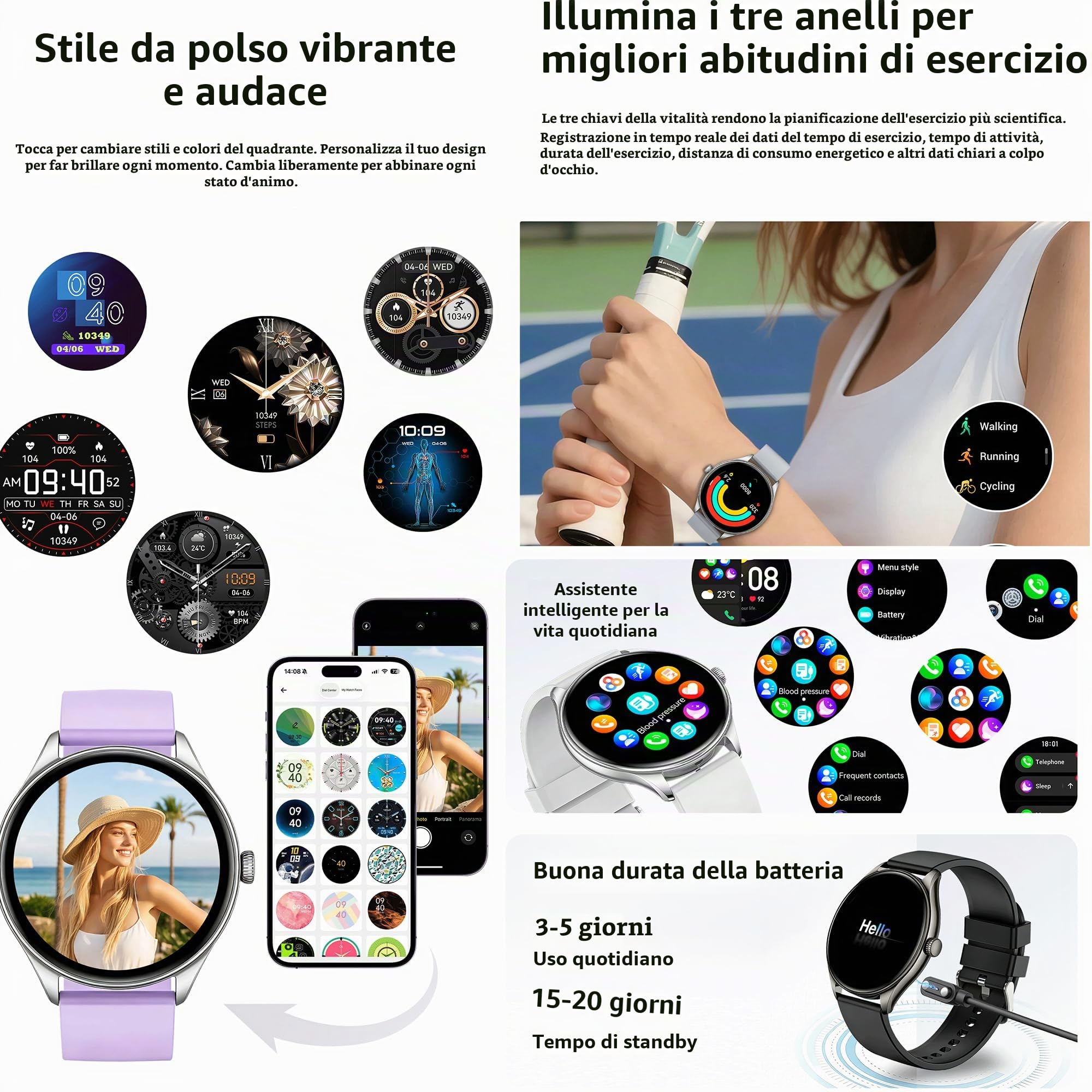 Smartwatch Uomo and Smartwatch Donna Chiamata Bluetooth e Risposta Vivavoce, 100+ Modalità Sport Notifiche Messaggi Orologio Fitness Tracker per Android iOS (Nero)