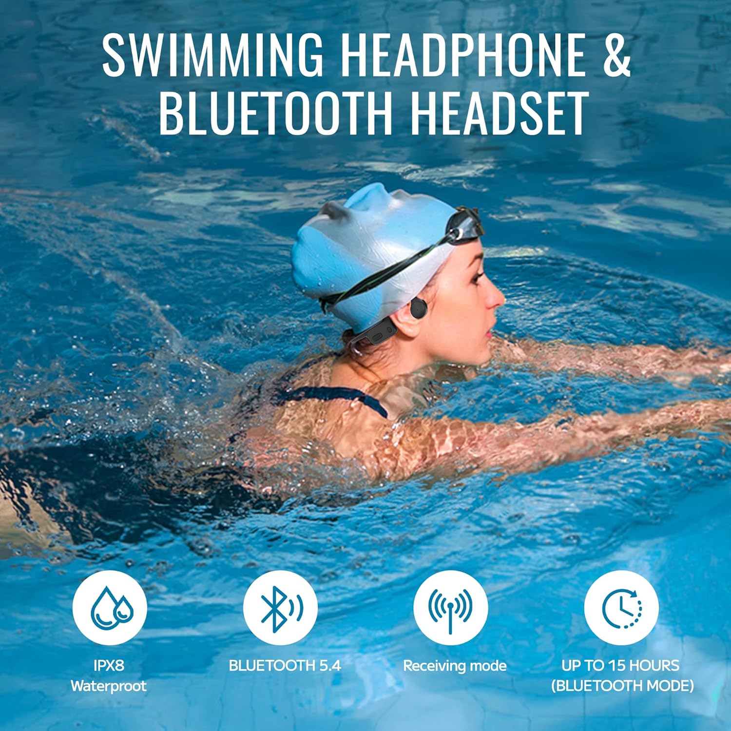 Tayogo W25 Headphones features: IPX8 waterproof, Bluetooth 5.4, Receiving mode, 15 hours battery