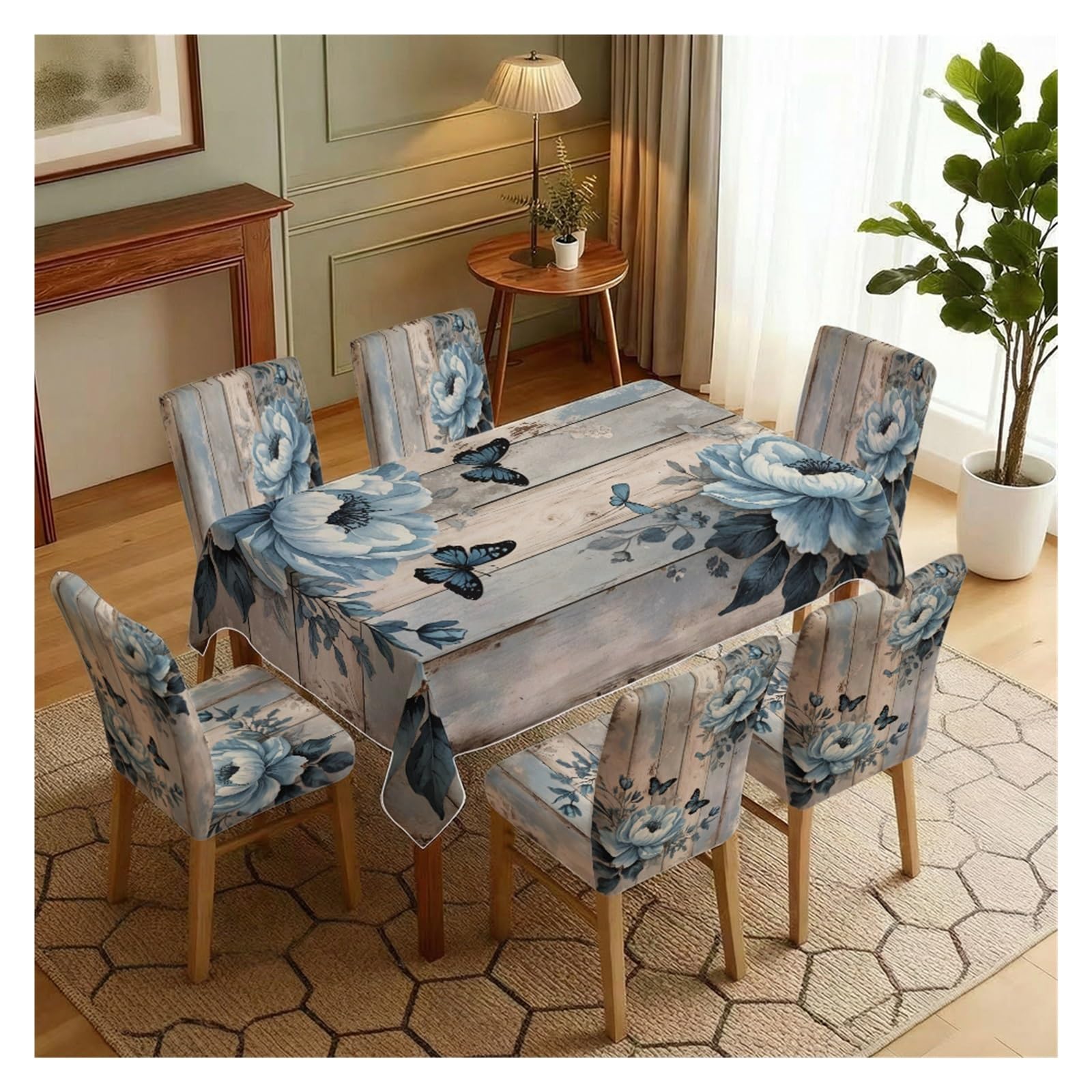Nappe et housses de chaise pivoine bleue pour rénover facilement une salle à manger usée