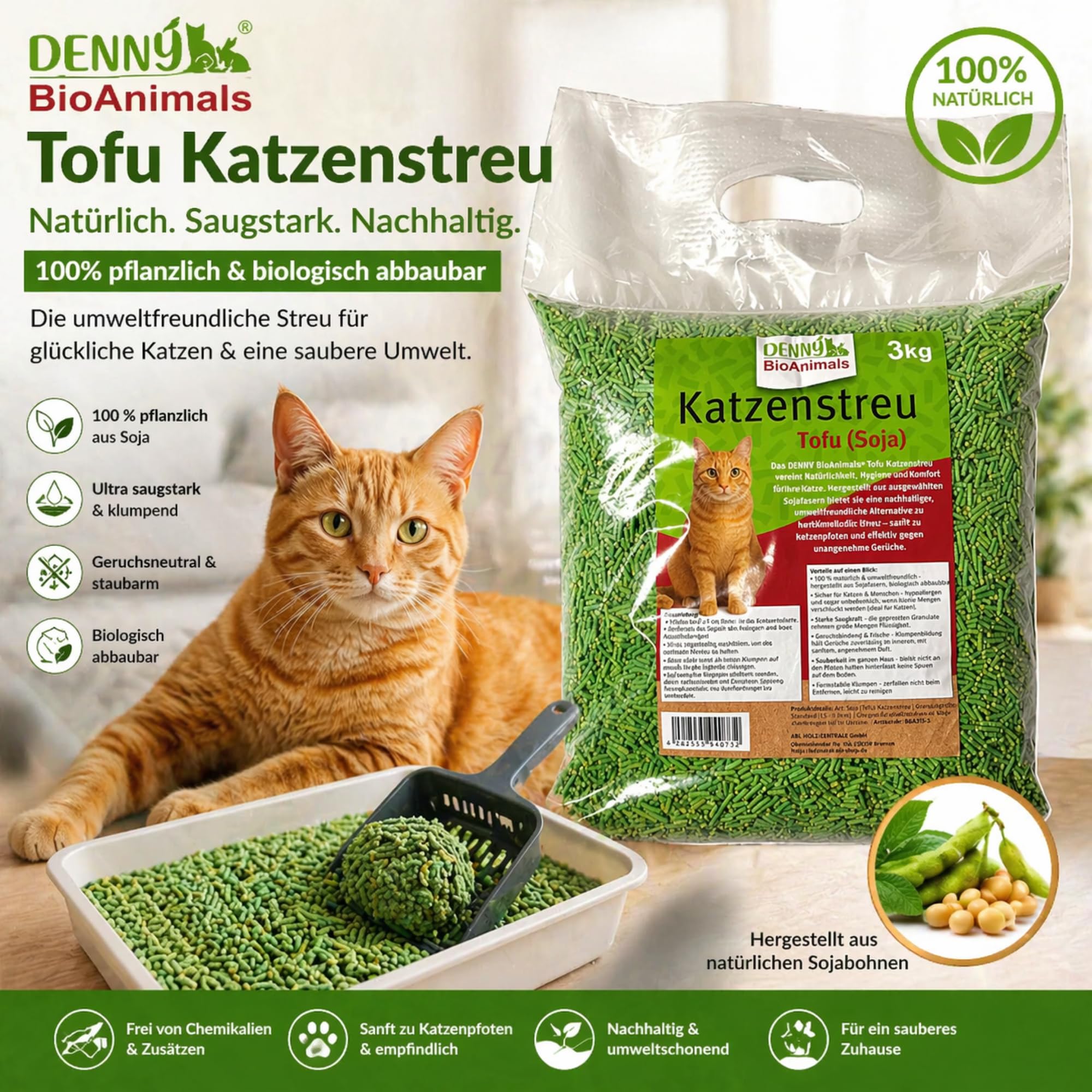 Denny BioAnimals Tofu Katzenstreu 30 kg/80L (10 Scke je 3 kg)  Schnell  klumpend & staubfrei  100% pflanzlich, biologisch abbaubar  Leichtes  Klumpstreu mit Geruchskontrolle, im WC entsorgbar. : Amazon.de: Haustier