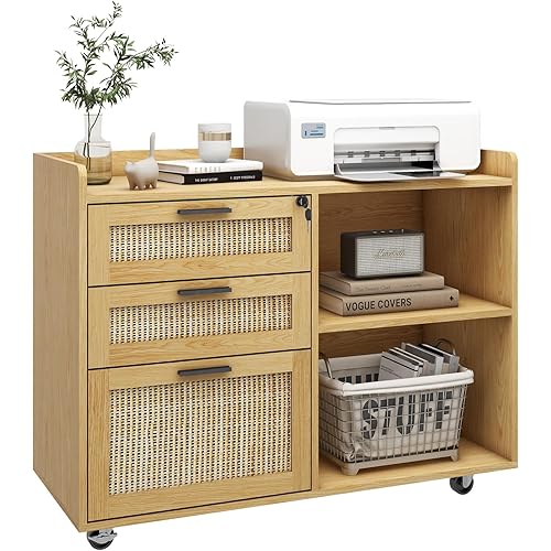 Filing Cabinet for Home Office, 3 Drawer Rattan File Cabinet with Lock Rolling Lateral File Organizer Office Large Storage Cabinet with Shelves Mobile Printer Stand
