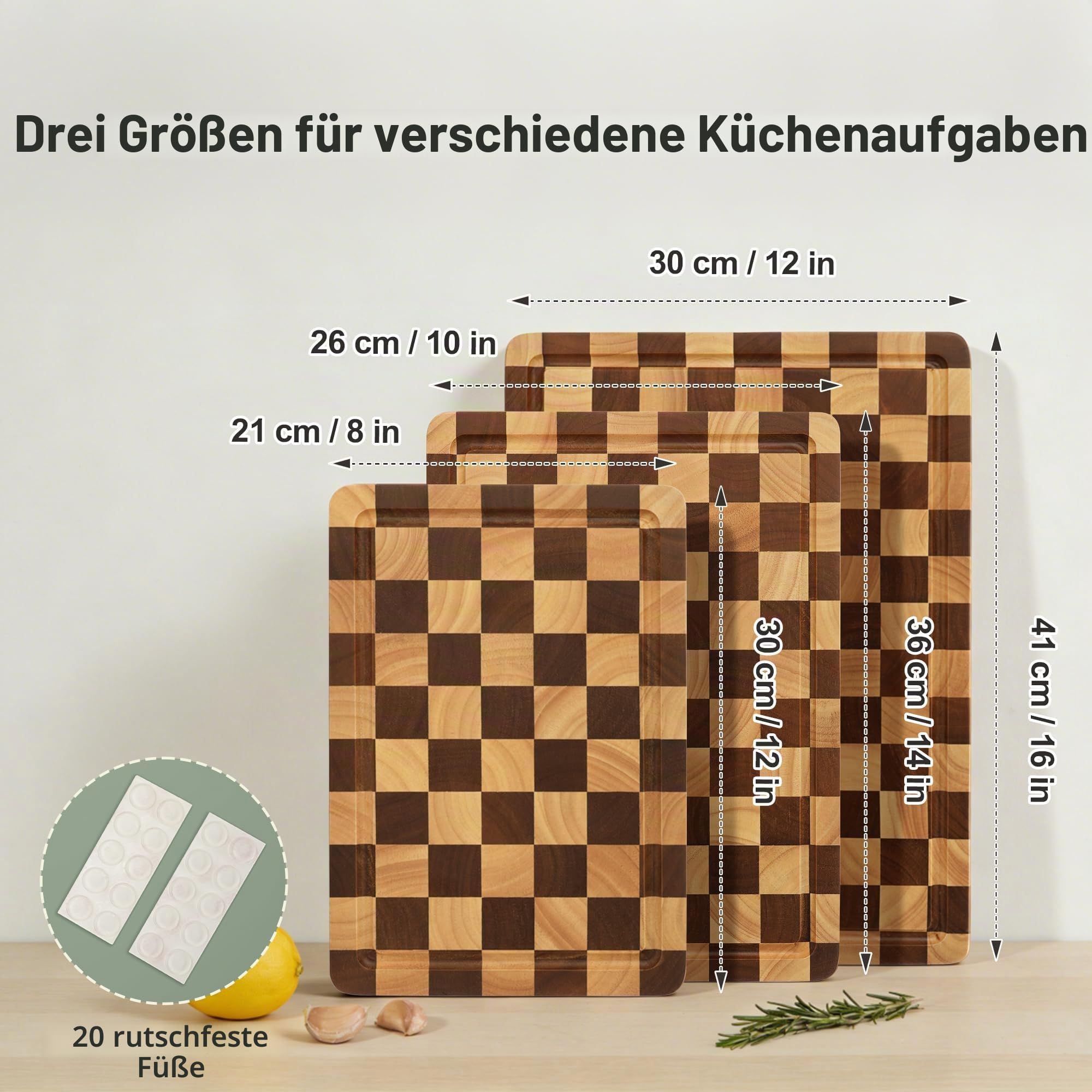 Schneidebrett aus Gummibaumholz, 3-teiliges Kariertes Küchenbrett-Set mit Ständer, Saftrinne und Griff für Fleisch, Gemüse und Käse