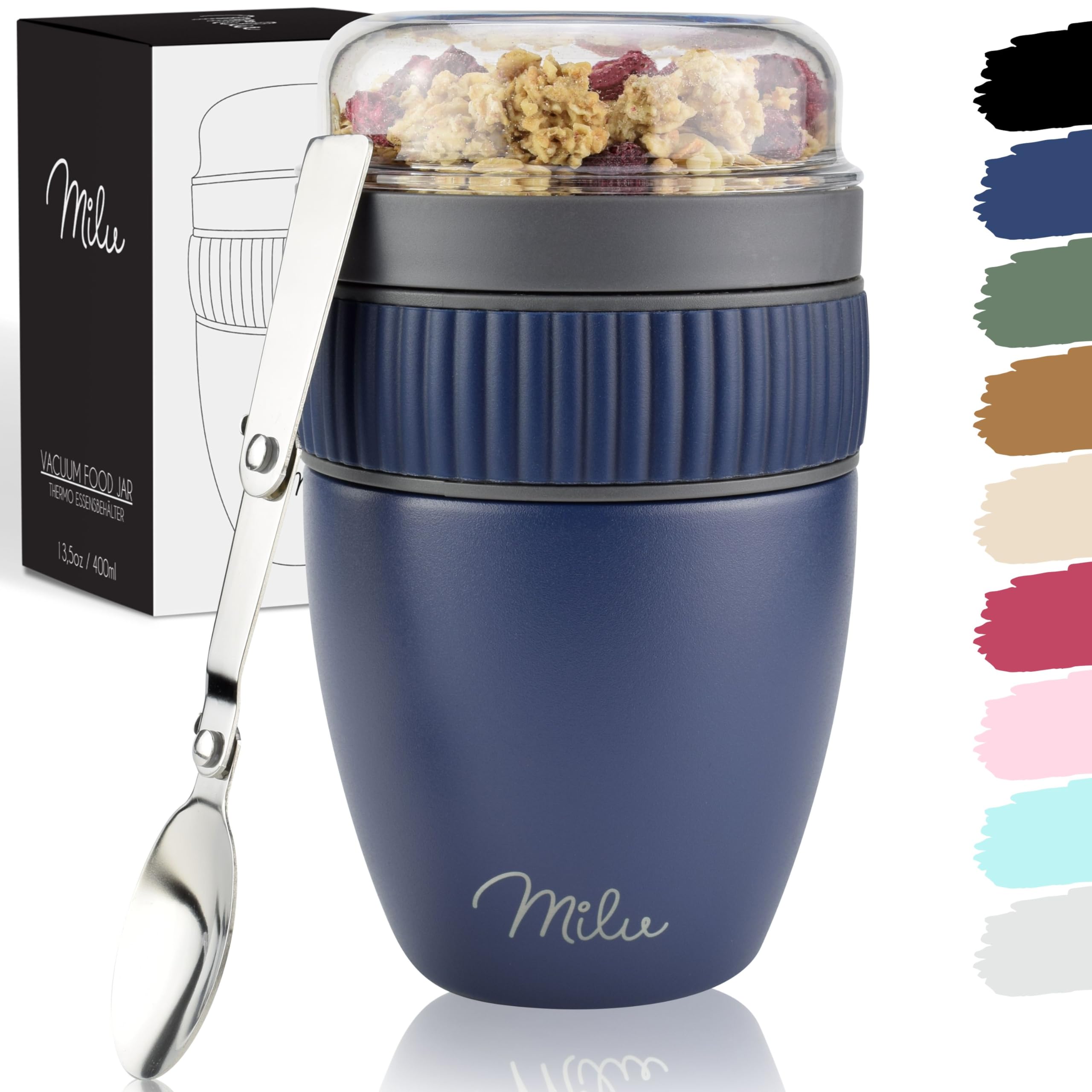Milu Navyblue Cereal Cup To Go 400Ml I Insulated Yoghurt Cup For Muesli I Leak-Proof Cup With Spoon For Yoghurt/Porridge (Navyblue)
