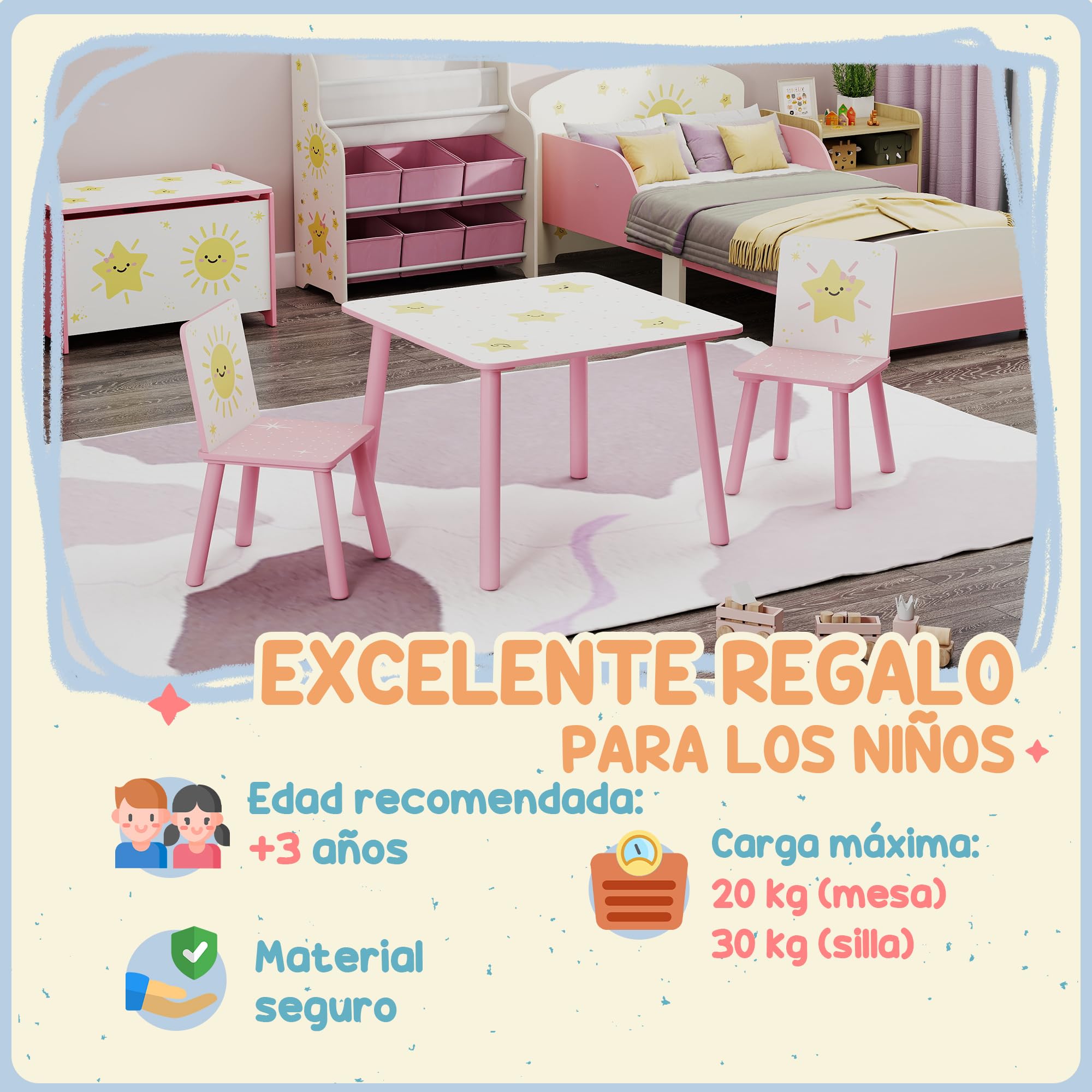 AIYAPLAY Mesa y Sillas Infantiles de 3 Piezas, Mesa Infantil con 2 Sillas de Madera de Pino, Juego de Muebles con Dibujos de Estrella para niños de +3 Años, para Dormitorio, Sala de Juegos, Rosa