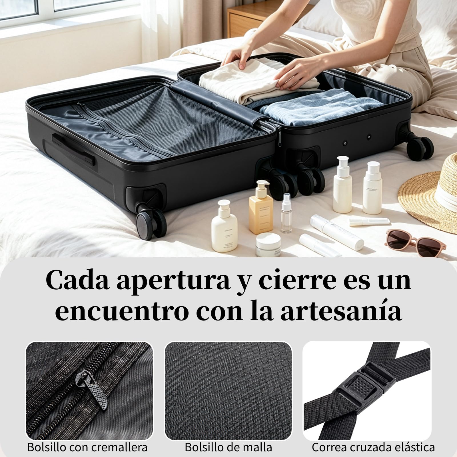 LEADZM Juego de Maletas de 4 Piezas con Refuerzos de Esquina (Negro) | Maletas de Viaje Grandes 23 Kilos, Maleta Cabina, Mediana, Maleta de Viaje