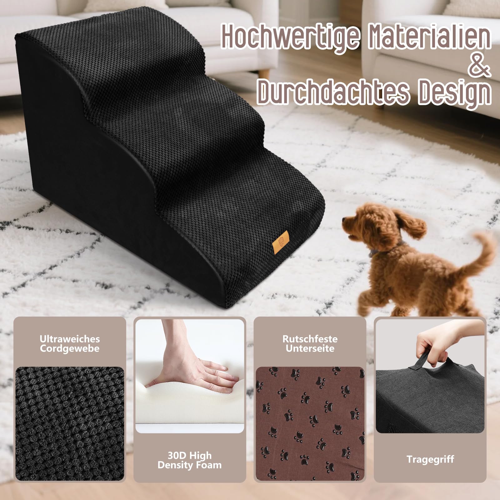 Thihome Scala per Cani di Piccola Taglia, 3 Livelli, Spugna ad Alta Densità, Altezza 40 cm, Rivestimento Lavabile, Rampa per Cani Antiscivolo per Letto e Divano, Colore Nero