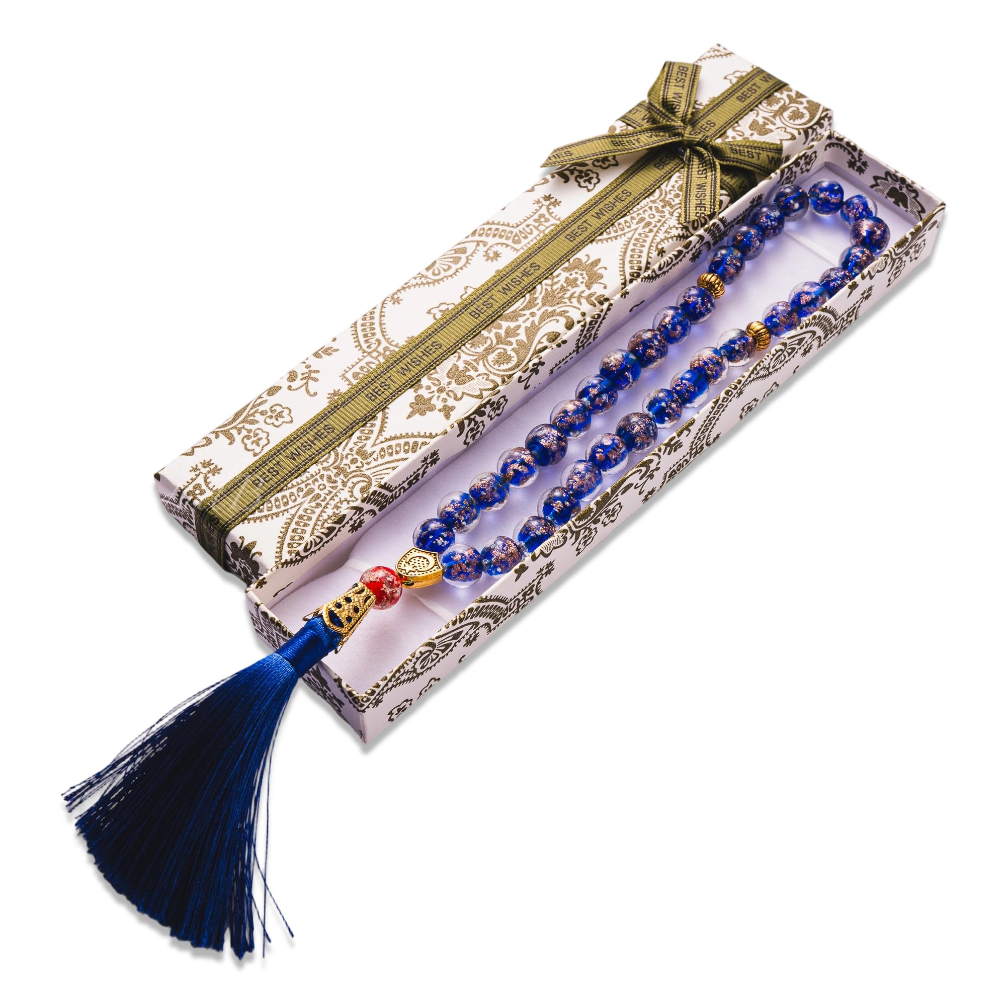 Handmade Luminous Glass 33-Bead Islamic Prayer Beads Tasbih | Glow-in-the-Dark Artisanal Misbaha with Gold Accents | Premium Gift Box Included | Ideal Ramadan/Eid/Birthday Gifts for Men & Women