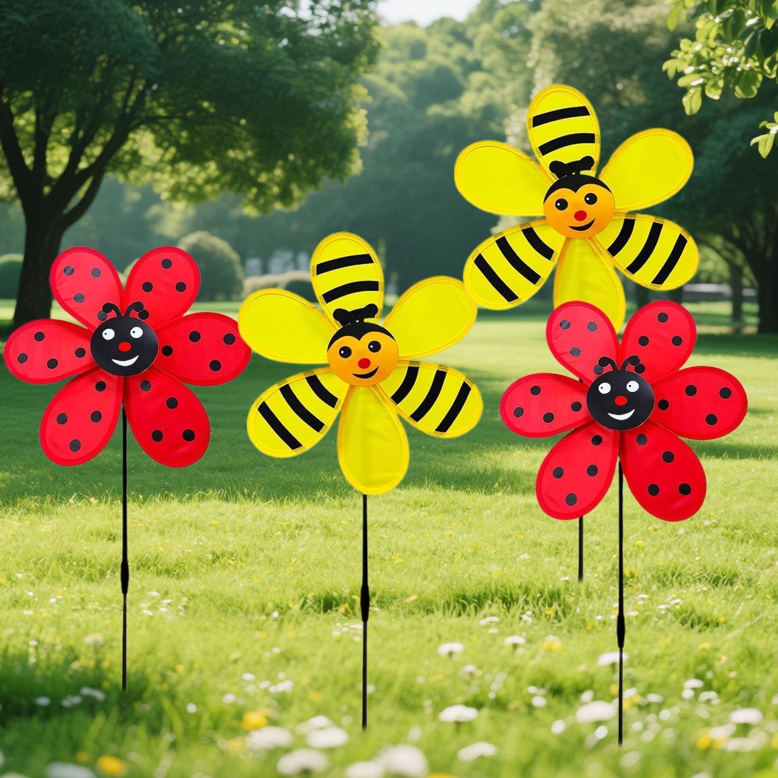 4*Garden Wind Spinners 29.97x67.31cm Pinwheel for Backyard Windproof Ladybug and Bee Windmill Colorful Animal-Themed Pinwheels Weather-Resistant for Garden Balcony Patio Yard Outdoor Lawn Decoration