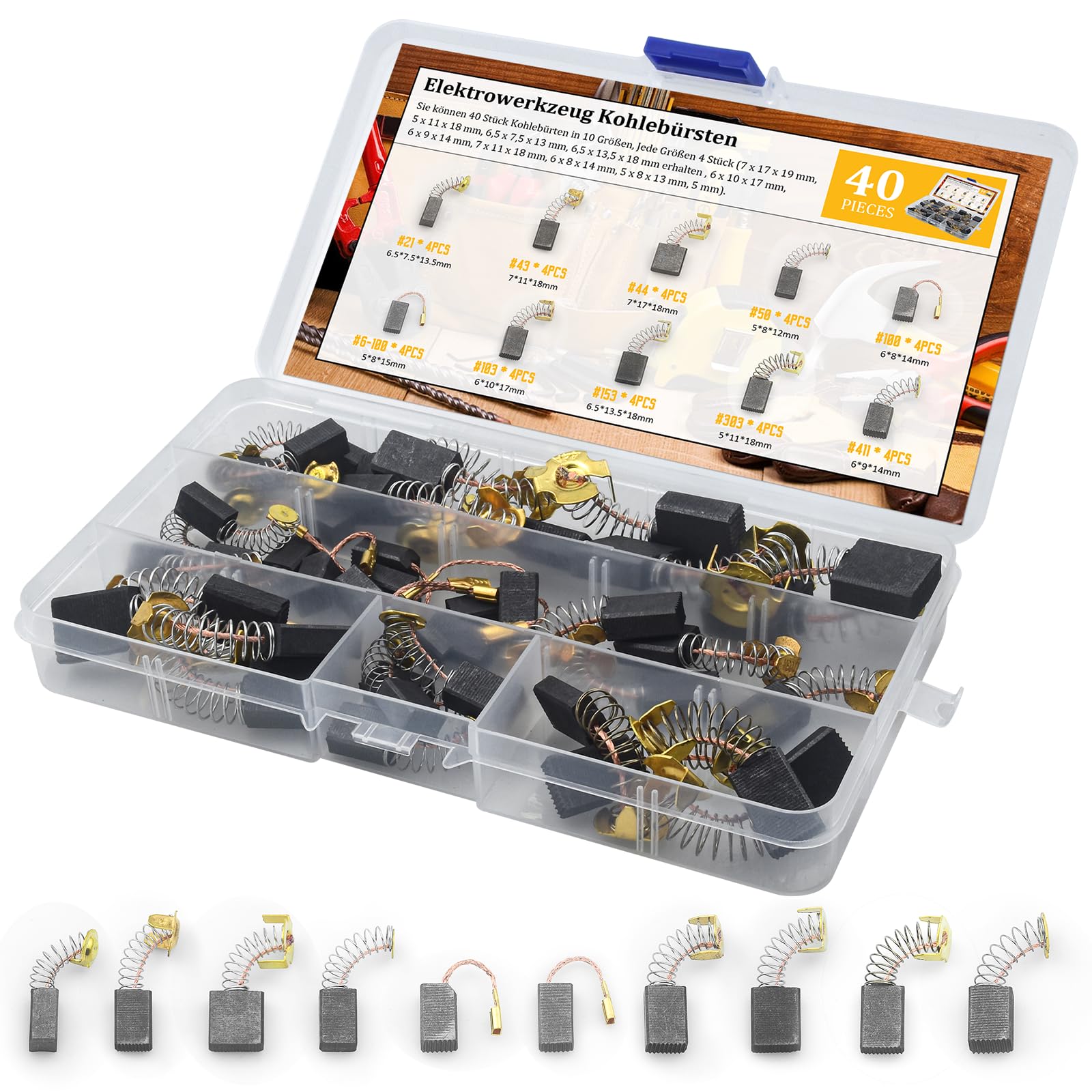 Pulchra 40 pcs Electric Motor Carbon Brushes, Have 10 Sizes Carbon Brushes for Replacement Repair Power Tools and Motors Part Suitable for use in Electric Hammer Drills, Circular Saws, Angle Grinders