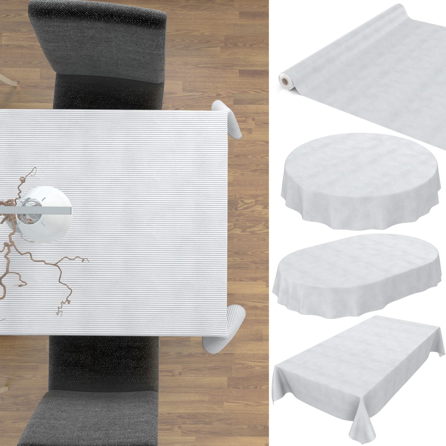 Nappe de table en toile cirée de qualité supérieure, lavable, motif rayé argenté élégant, 350x150cm, amovible
