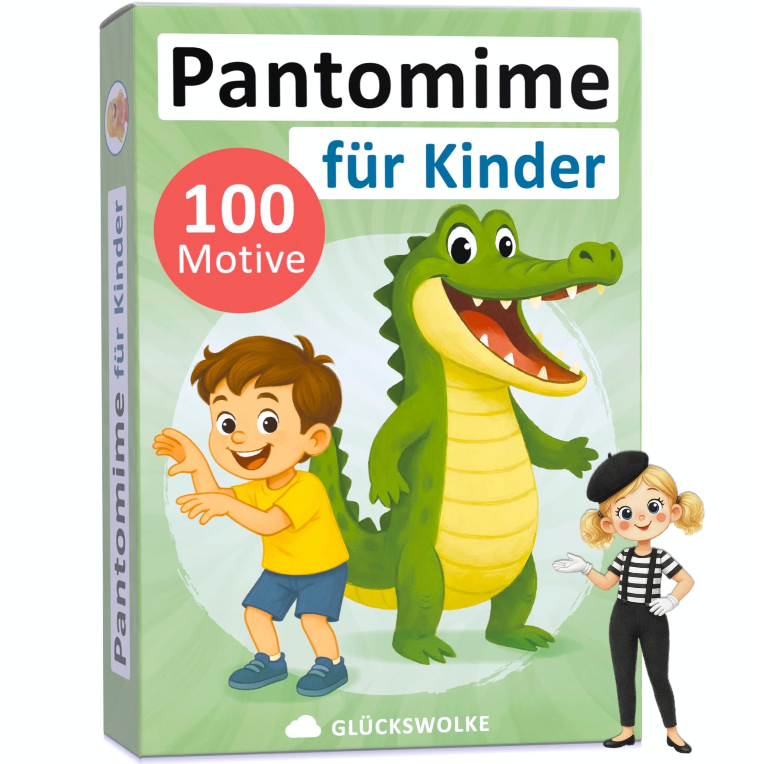 GLÜCKSWOLKE Pantomime Spiel für Kinder - lustiges Familienspiel I Mit 100 Spielkarten I Indoor & Outdoor Spielzeug Kinderspiel I Spiele ab 4, 5, 6, 7, 8, 9 Jahre I Geschenk für Junge & Mädchen