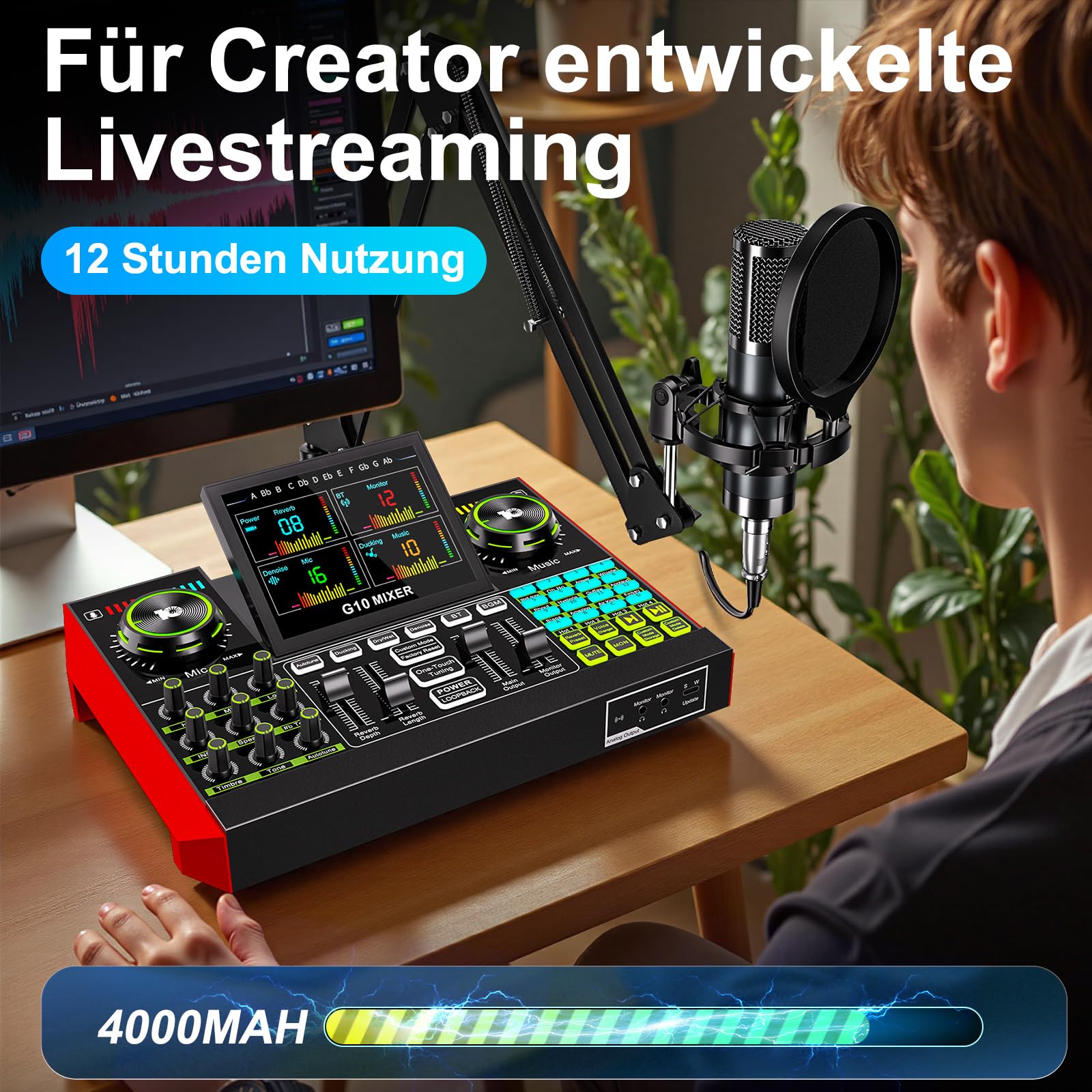TENLAMP G10 Podcast-Equipment, Audio-Interface mit Soundeffekten, 3,5mm Kondensatormikrofon, Mikrofonarm, Latenzfreies Hardware-Autotune, Echtzeit-Monitoring, Rauschunterdrückung, für PC, Handy