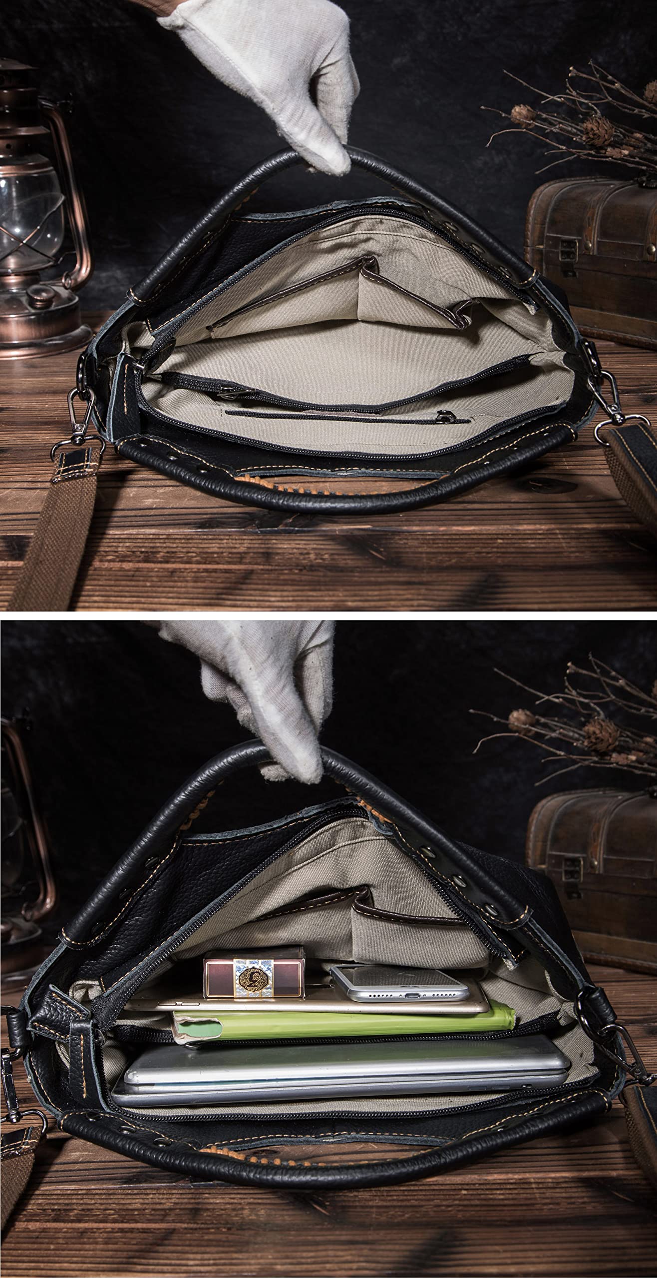 Le'aokuu Bolso Mensajero de Mano Billetera de Cuero Retro Bolso Femenino (Negro)