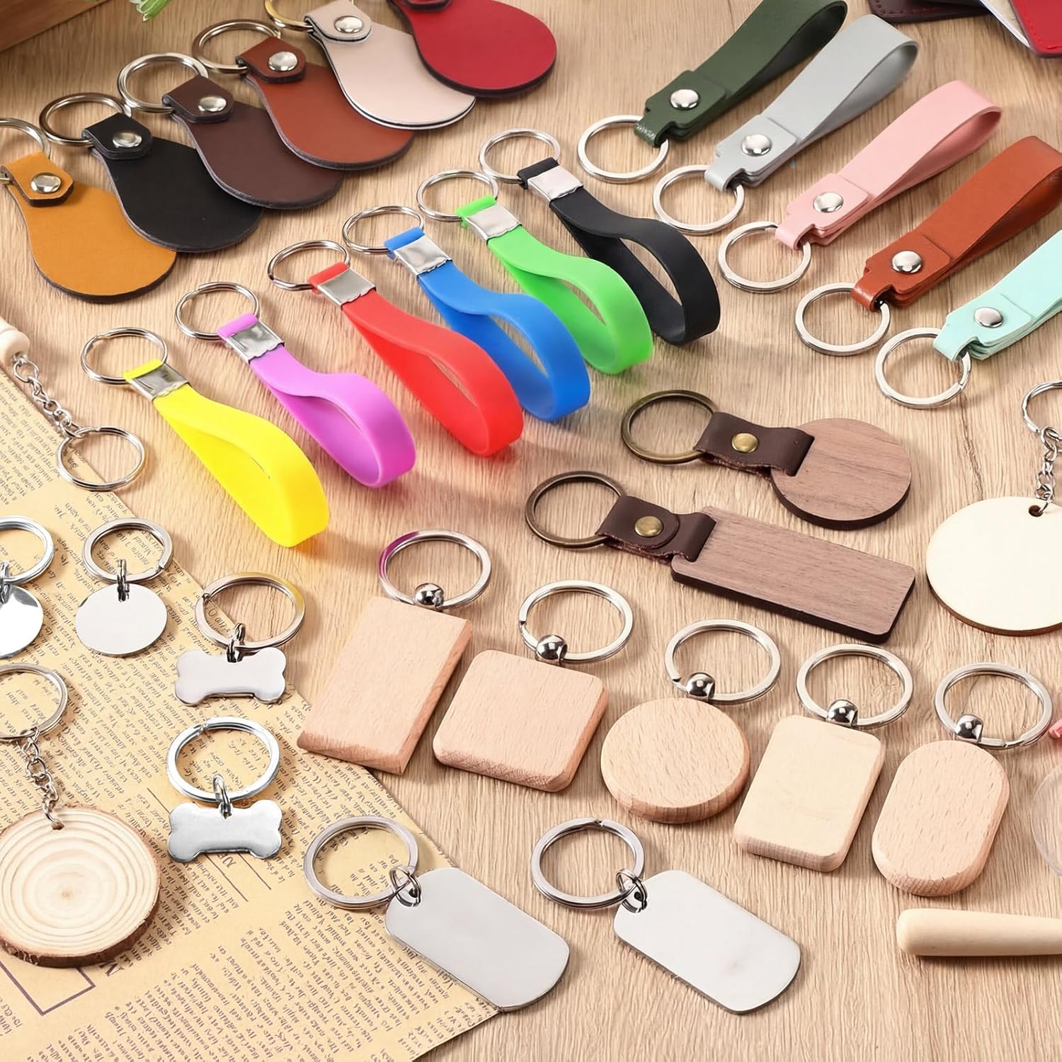 Tondiamo 69 Pcs Laser Engraving Blanks Keychains Bulk Laser Engraver Accessories Keychain Blanks Including Wood, Stainless Steel, Acrylic, PU Leather, Silicone and Marking Paper Tape