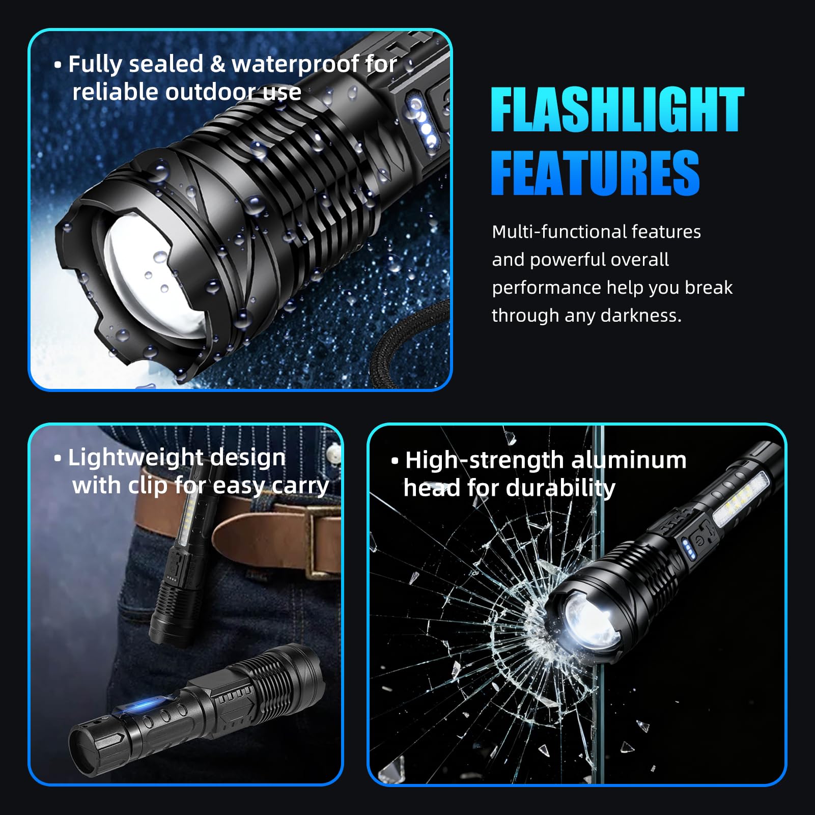 Torcia ricaricabile LED ad alta luminosità, 7 modalità di illuminazione, torcia da campeggio super luminosa, torcia tattica regolabile, torcia LED per emergenza domestica, confezione da 2