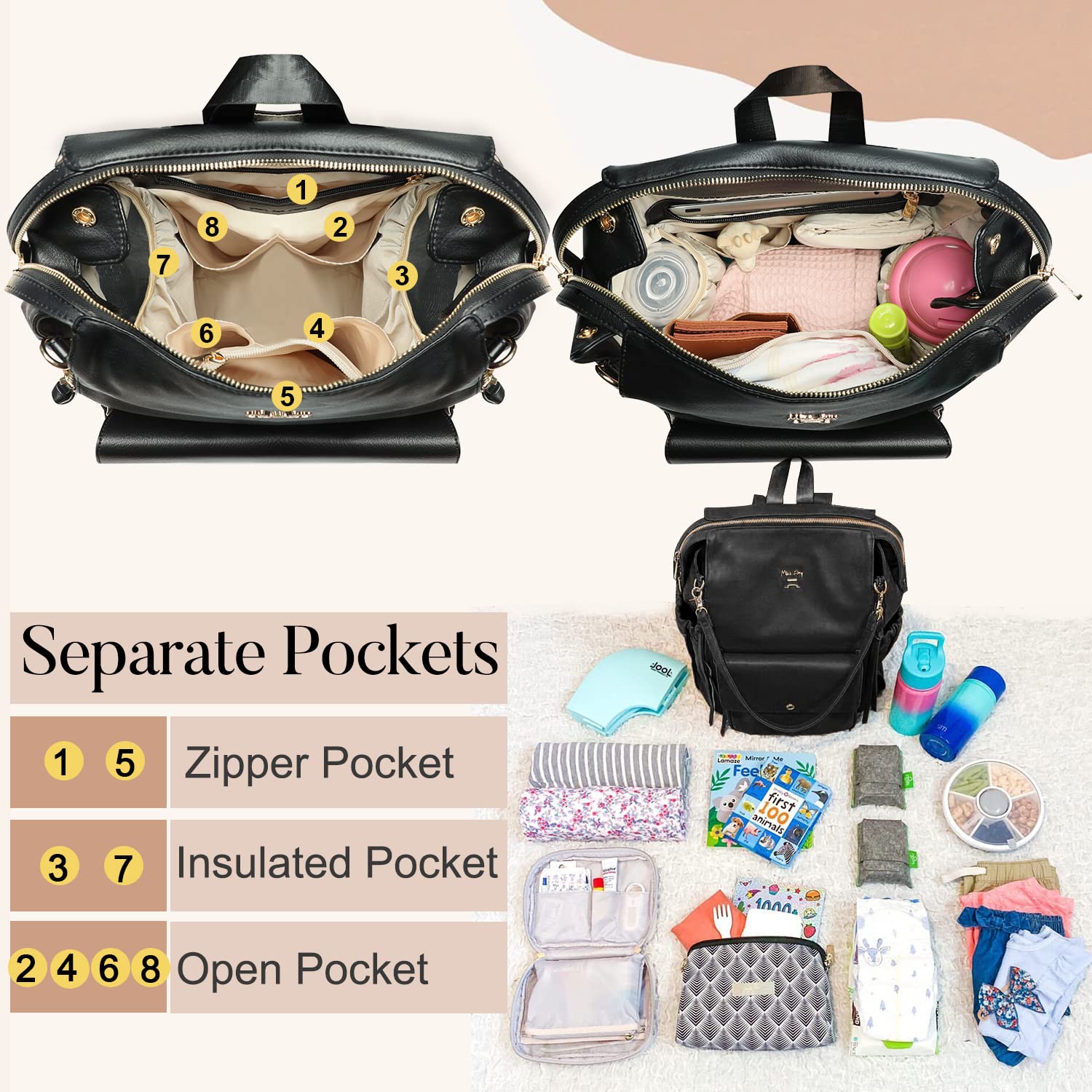 MISS FONG Baby-Wickeltasche, Rucksack, Wickelrucksack, Leder, Wickeltaschen mit Wickelunterlage, Babytaschen für Mama und Papa, mit Kinderwagengurten, isolierten Taschen