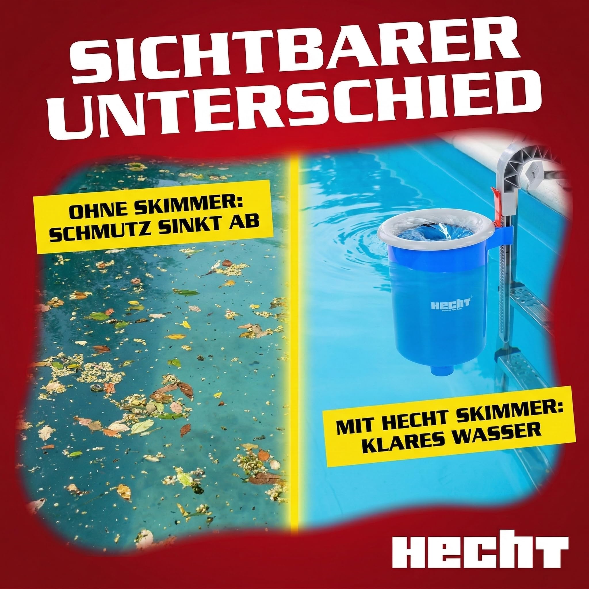 Hecht Pool Skimmer für Aufstellpool Framepool 32/38 mm | Einhängeskimmer und Oberflächenskimmer mit Filterkorb, Adapter und Halterung für Aufstell- und Stahlwandpools