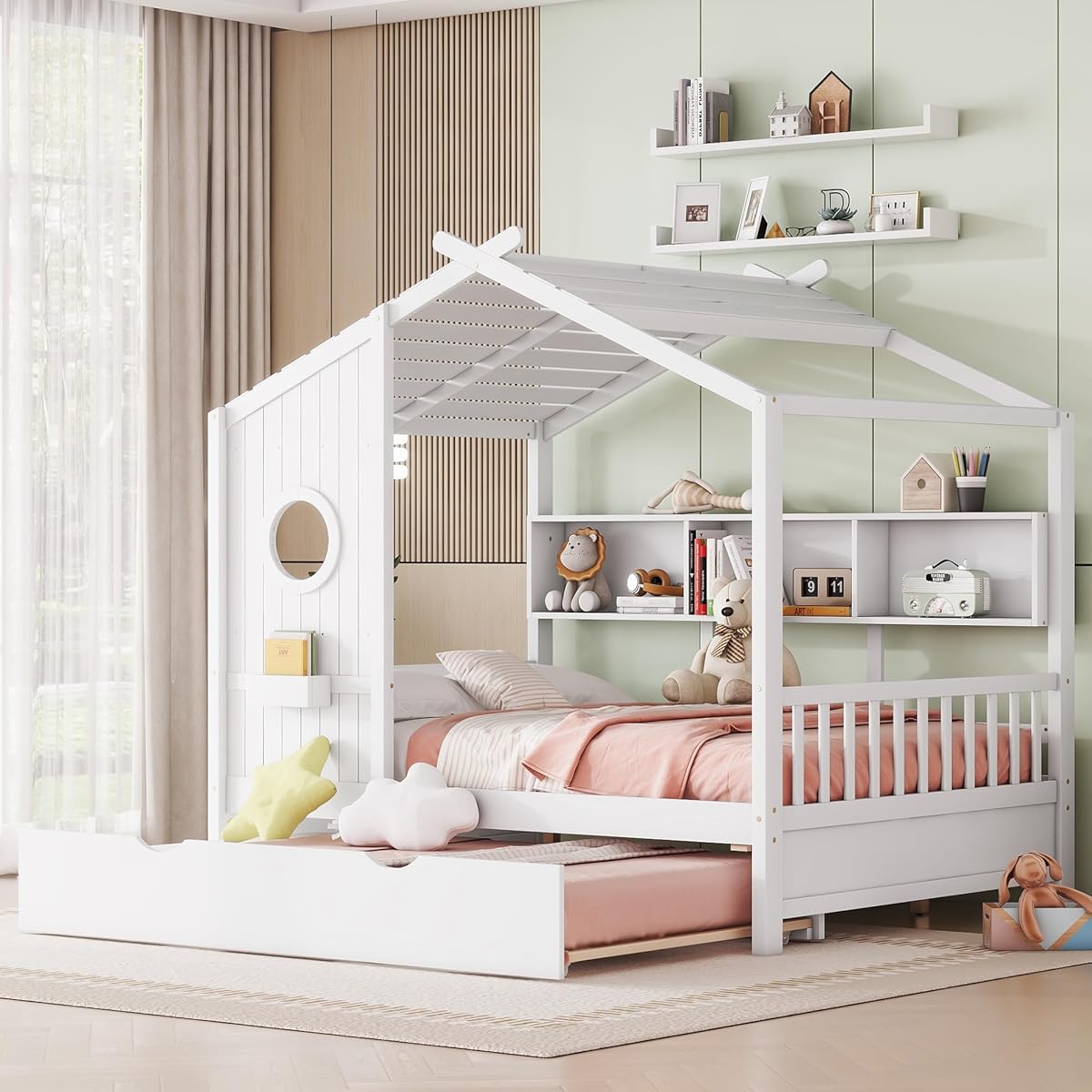 HUMEHA Full Size Bed Frames for Kids, House Bed with Trundle and Shelves, Wood Playhouse Platform Bed Frame with Window and Fence for Boys Girls, White, 74.4" L x 58" W x 72" H