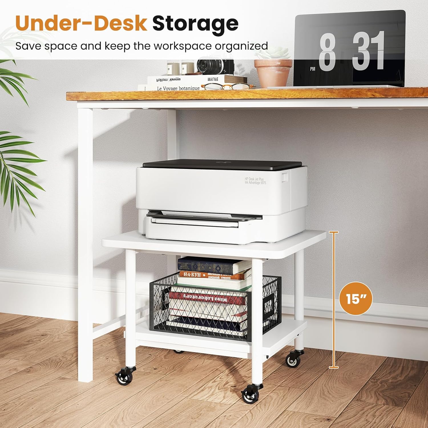 Giantex Under Desk Printer Stand, 2-Tier Mobile Printer Table with Storage Shelf, Lockable Wheels & Metal Frame, Rolling Printer Cart Holder, Storage Rack for Home Office Scanner Fax Machine (White)