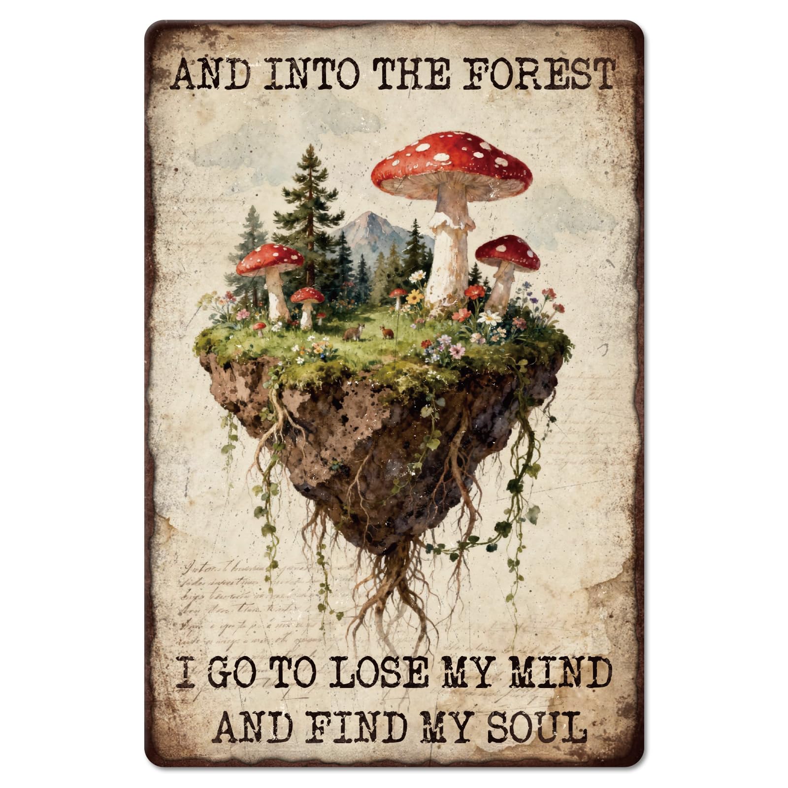 GLOBLELAND Retro Mushroom Forest Metal Tin Sign 12x8 inch Mushroom Landscape Tin Signs Mind and Soul Metal Wall Poster Plaque for Home Office Sunroom Meditation Room Garden Cabin Spa Studio Decor