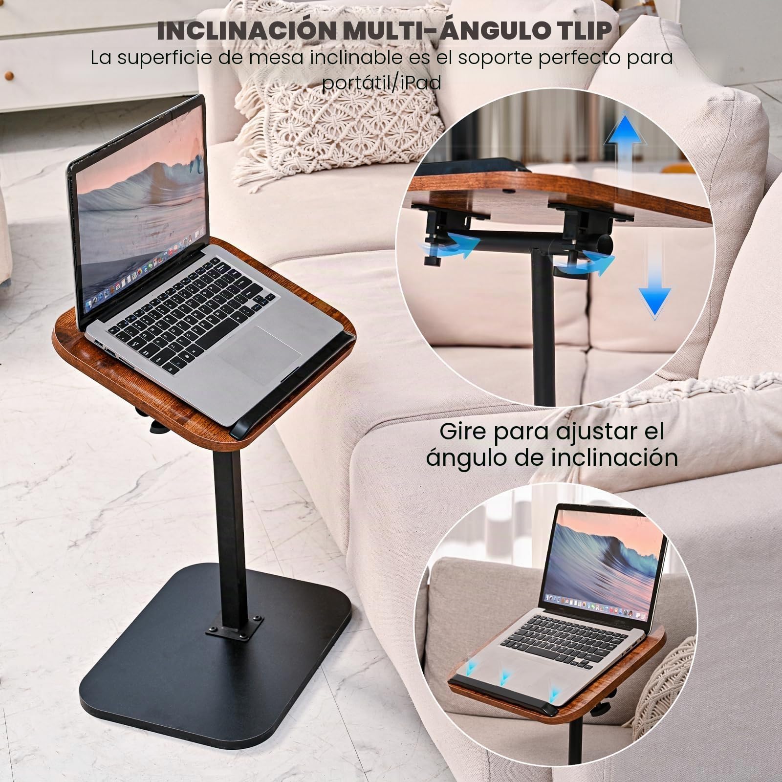 Mesa Auxiliar en Forma de C, Mesa Auxiliar giratoria de 360° en Altura Ajustable para Espacios pequeños, con Ranura para teléfono y Tableta de Noche para Cama y Sofá (Marrón rústico)