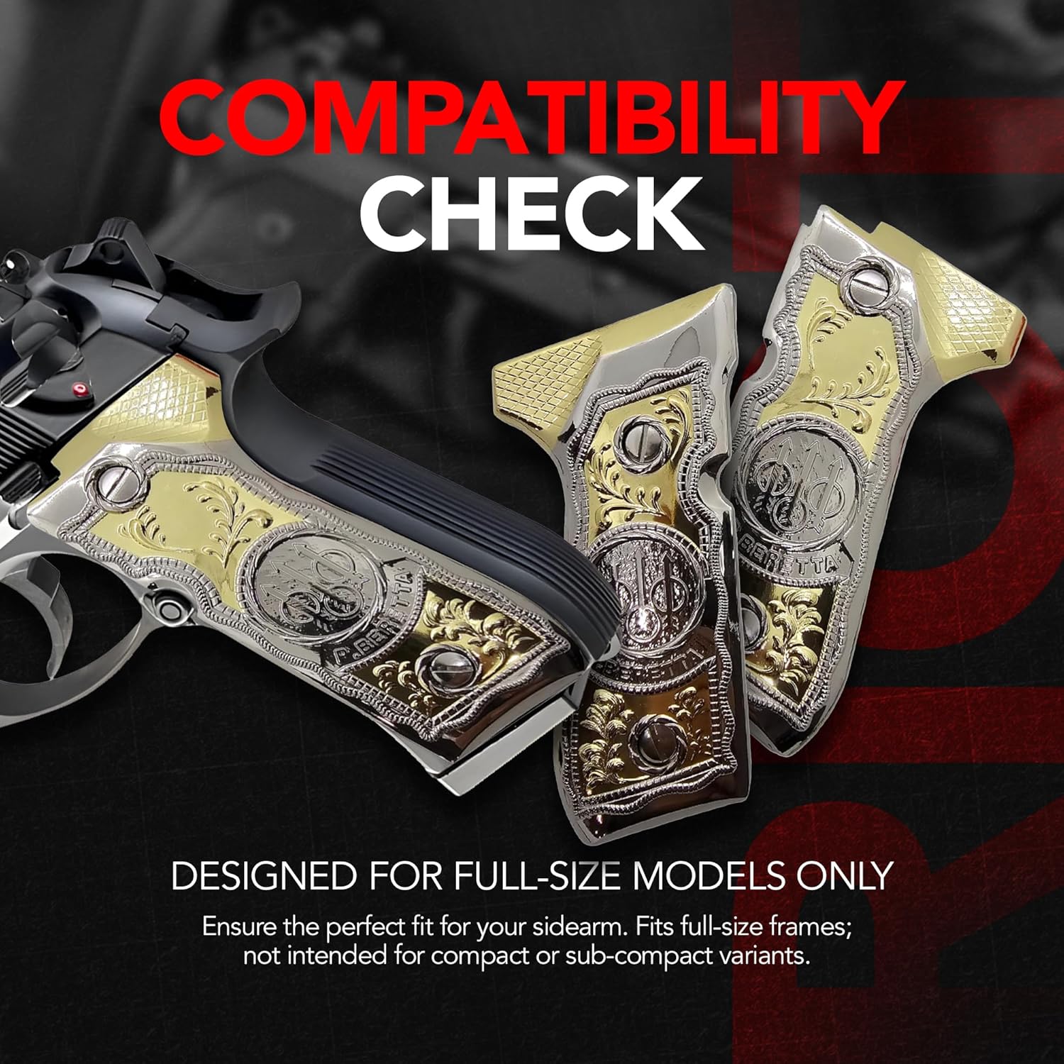 Custom Metal Grips for Beretta 92 / 92F / 92FS / 96 / M9 Series, Two-Tone Nickel & Gold Plated Zinc Grip Panels, Ornamental Engraved Design, Textured Surface, Matching Screws Included