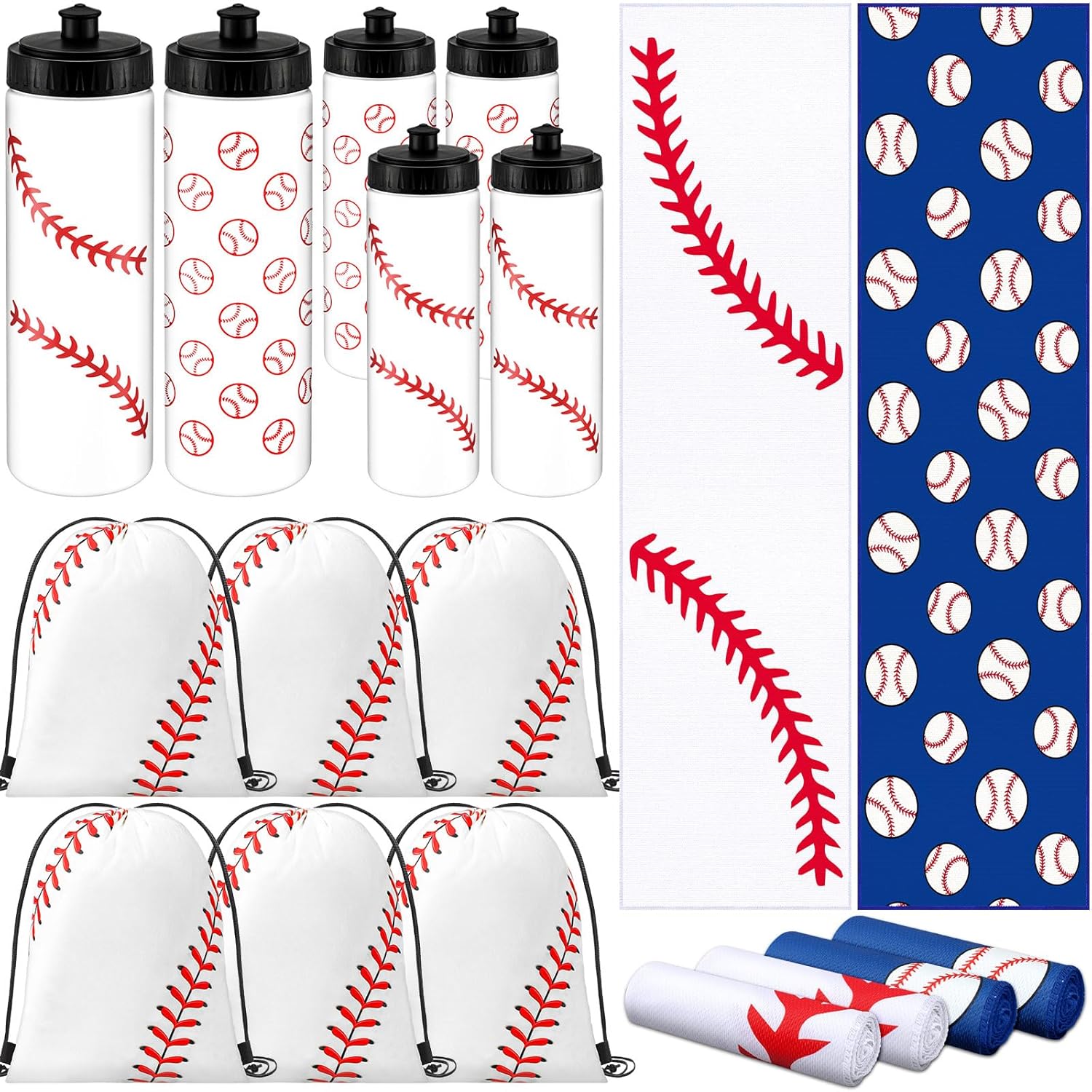 FuWeave 18 Pcs Sports Party Favors Basketball Soccer Water Bottle Baseball Softball Cooling Towel 6 Sports Water Bottle 6 Ice Towel 6 Drawstring Bag Football Volleyball Towel for Team Gift