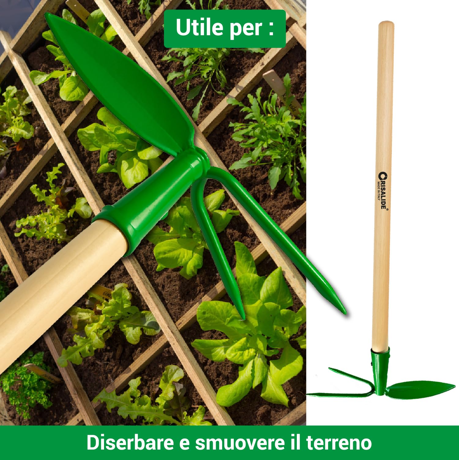 Crisalide® Azada de jardín con mango de madera 120 cm – Herramienta de jardinería para desherbar, mover y airear el suelo – Azada de doble punta ergonómica y resistente