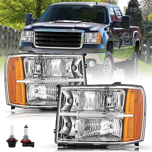 Fit for 2007-2013 GMC Sierra 1500 Headlight Assembly 07-14 GMC Sierra 2500 HD 3500 HD OE Factory Style Replacement LH+RH Bulbs Included Chrome Housing&Amber Reflector