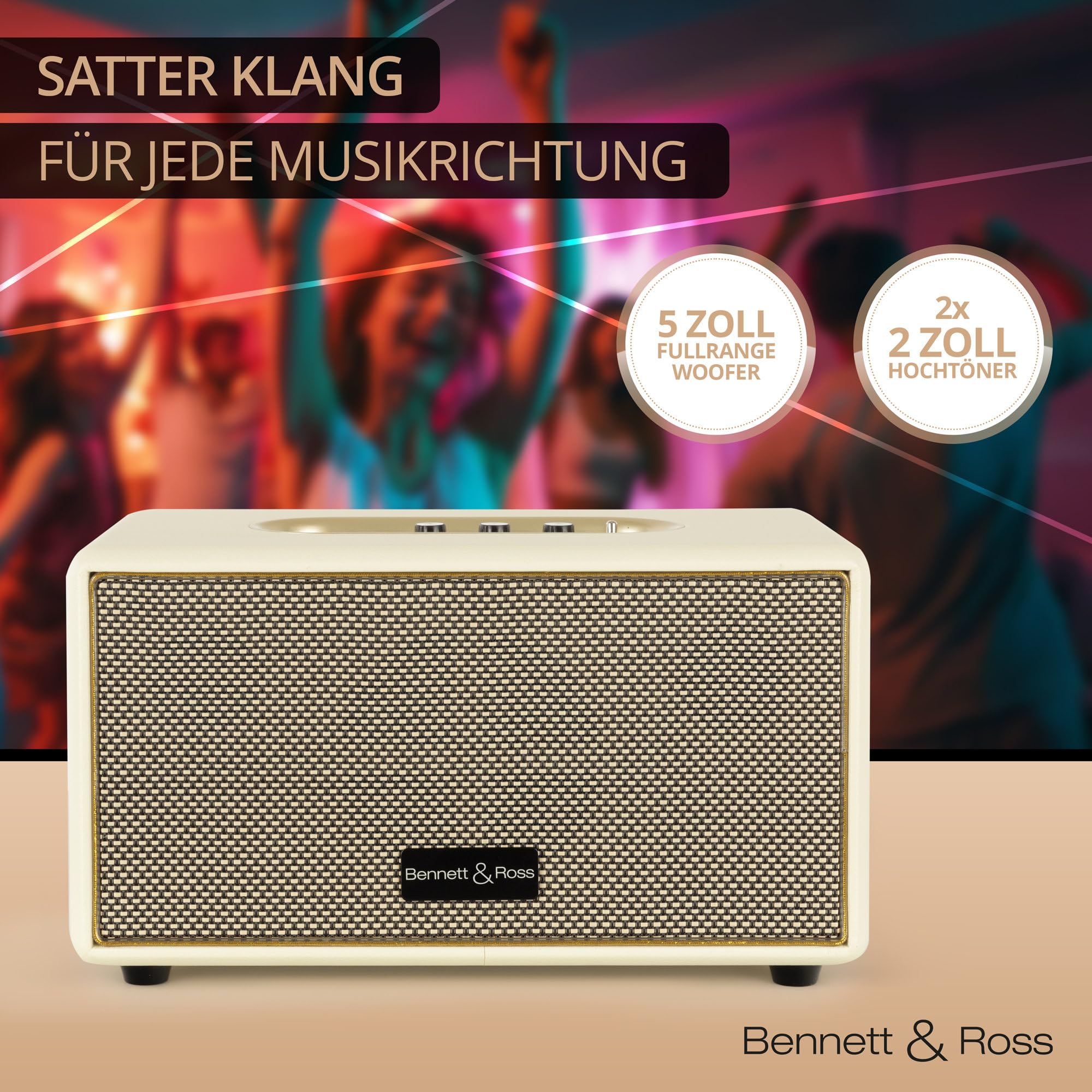 Bennett & Ross BB-860CW Blackmore Haut-Parleur Bluetooth rétro en Cuir - Haut-Parleur Vintage avec 2X 30W - Speaker Entrée USB avec Lecteur MP3 - Jack 3,5 mm avec aux-in - Enceinte Blanc créme