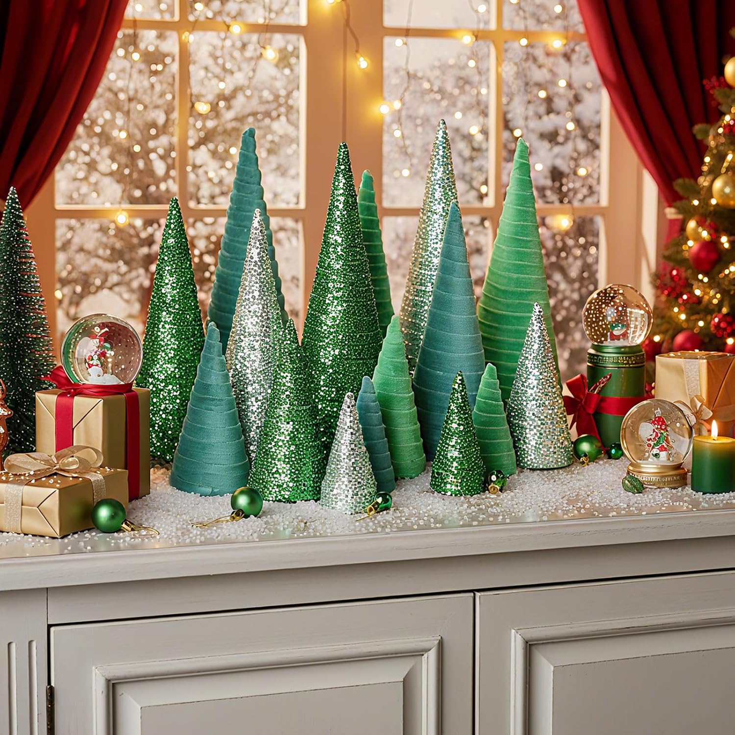 Soulchen 16 Pcs Green Christmas Velvet Trees Set Modern Christmas Velvet Cone Table Tree Centerpiece with Bows Winter Decoration Indoor for Xmas Mantel Entryway Tabletop, 12"/10"/6"/4"