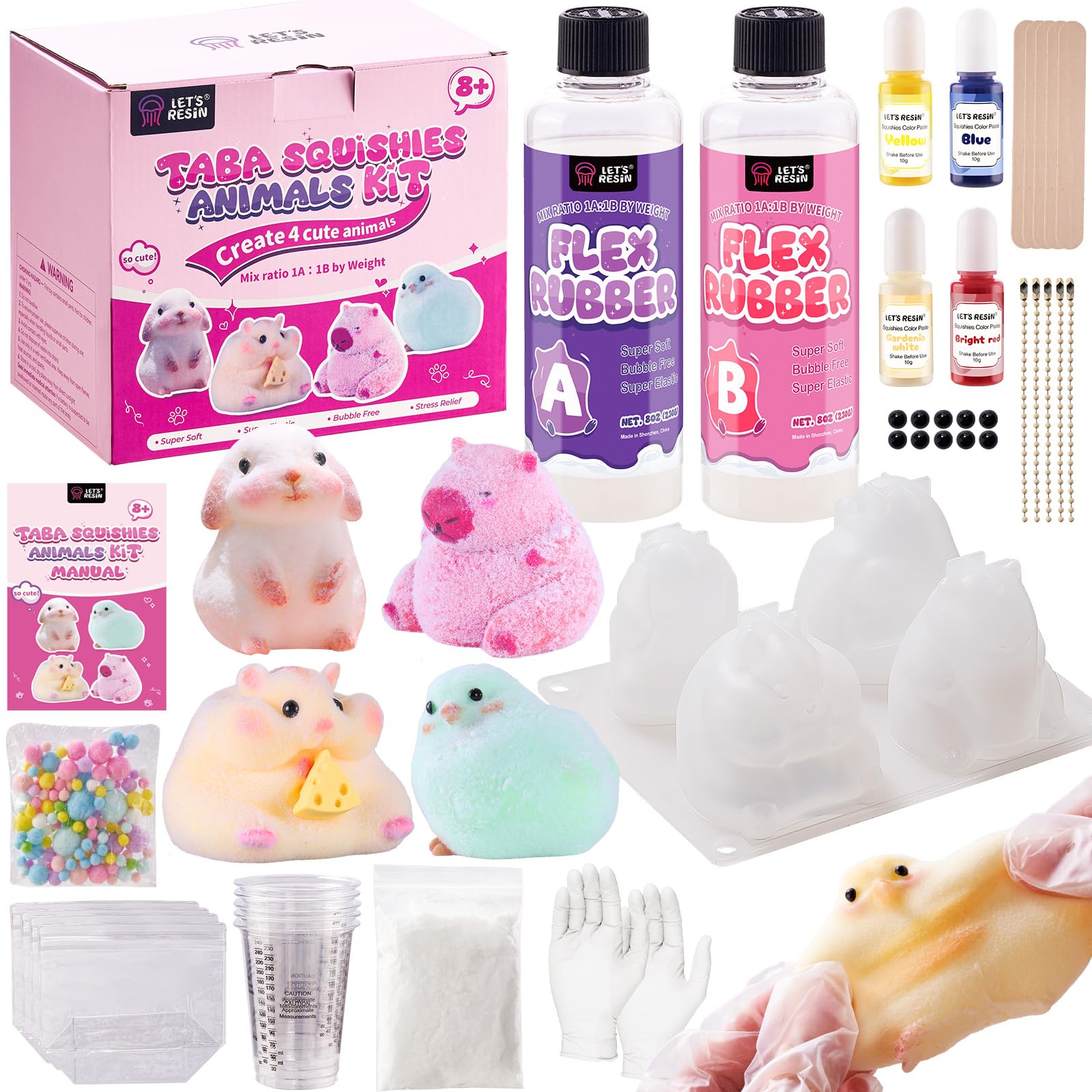 LET'S RESIN Flex Rubber for Taba Squishy Kit, All-in-one Beginner Kit for Squishy Maker, with 16oz Silicone Gel, Hamster/Capybara/Rabbit/Chick Silicone Molds, Color Paste, Flocking Powder, Ideal Gifts Animal craft kit