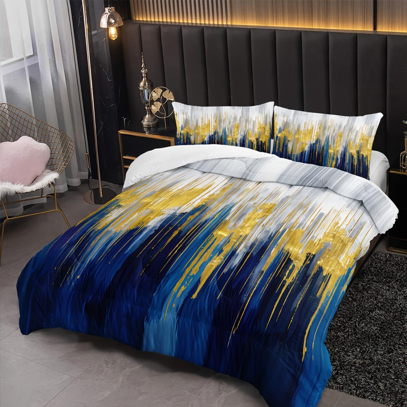 Parure de lit à motif abstrait bleu blanc doré avec taie d'oreiller