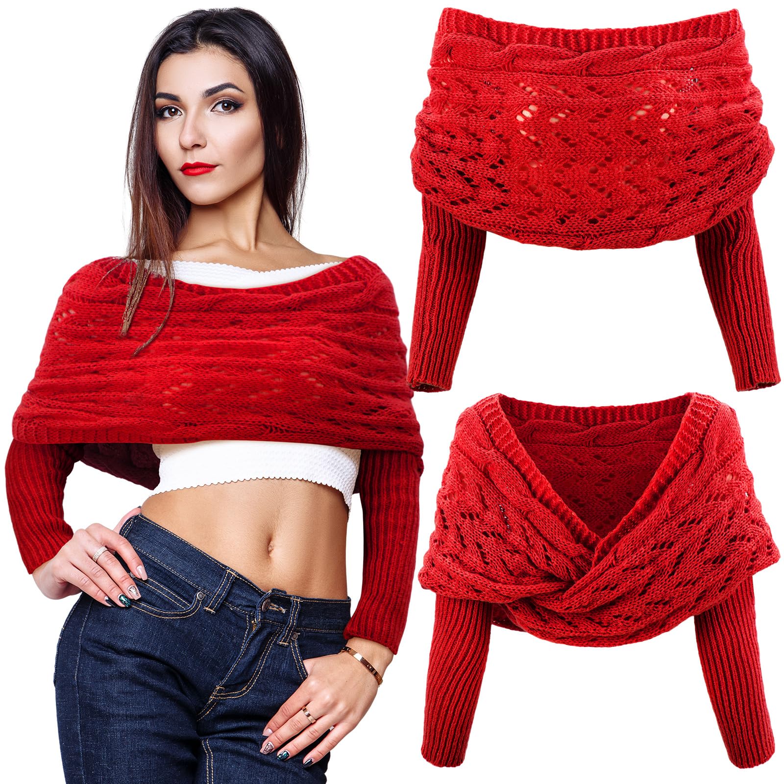 Geyoga 2 Pcs Scarf with Sleeves for Women Knitted Wrap Sweater Scarf with Sleeves Shrugs for Women Wrap Shawl