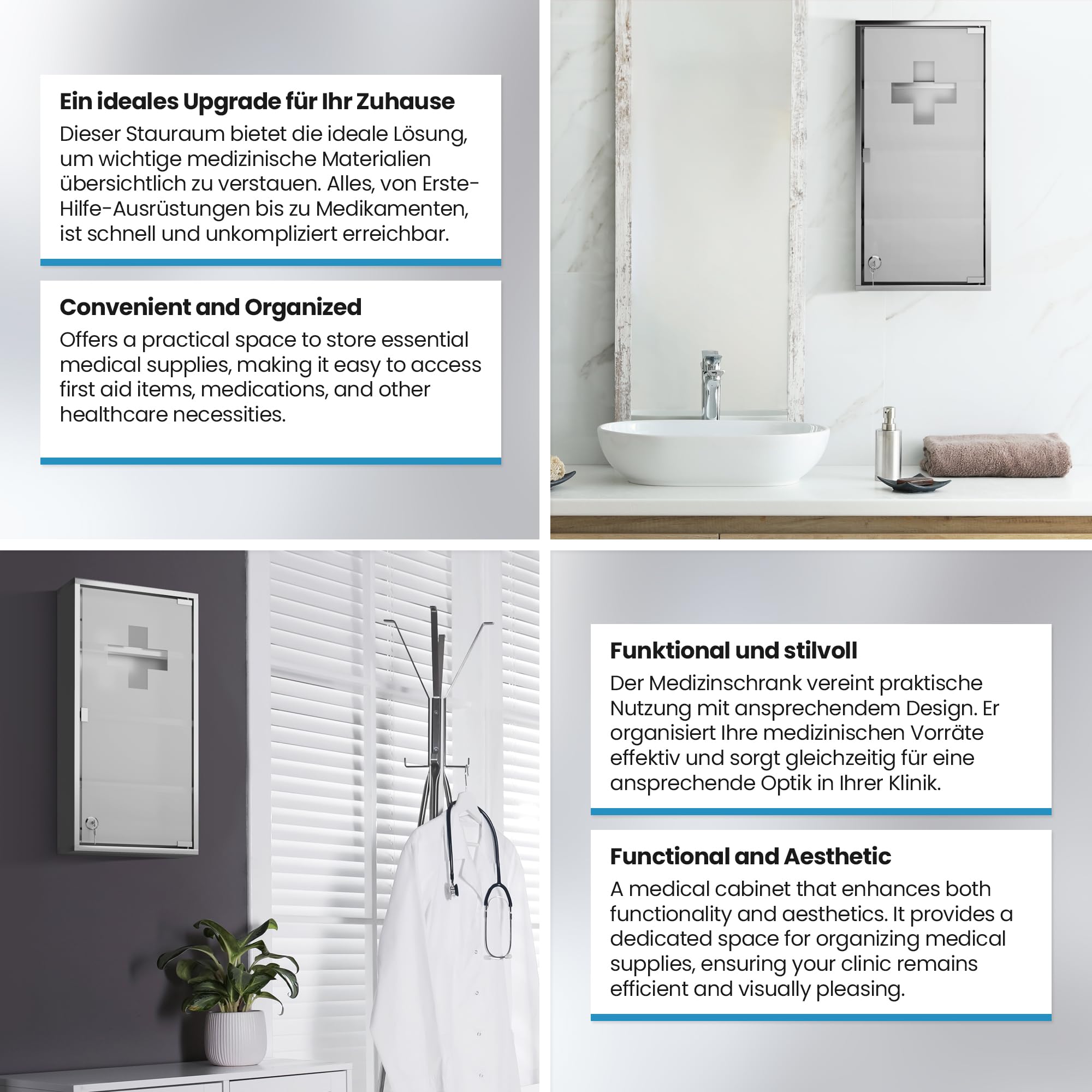 Jago® Armadietto per Medicinali - 4 Ripiani, Porta di Vetro, con 2 Chiavi, 30x12x60cm, Acciaio, da Bagno - Pensile Farmaci, Cassetta Porta Medicine, Armadio Pronto Soccorso