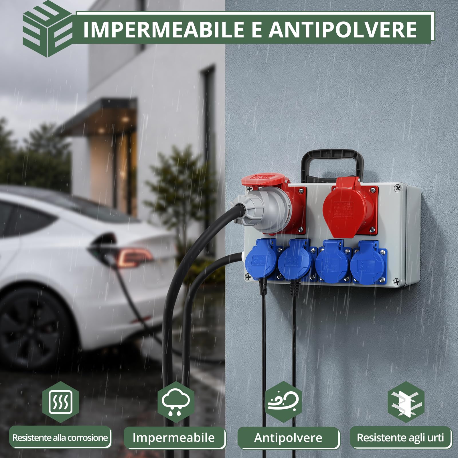 EYPINS Distributore di Corrente da Cantiere,Cavo 2M, 4 Schuko+2 CEE 16 A | Protezione FI/LS,Presa Schuko e CEE,Quadro Elettrico Esterno da Parete,Impermeabile IP66,per Giardino,Garage,Officina,Cortile