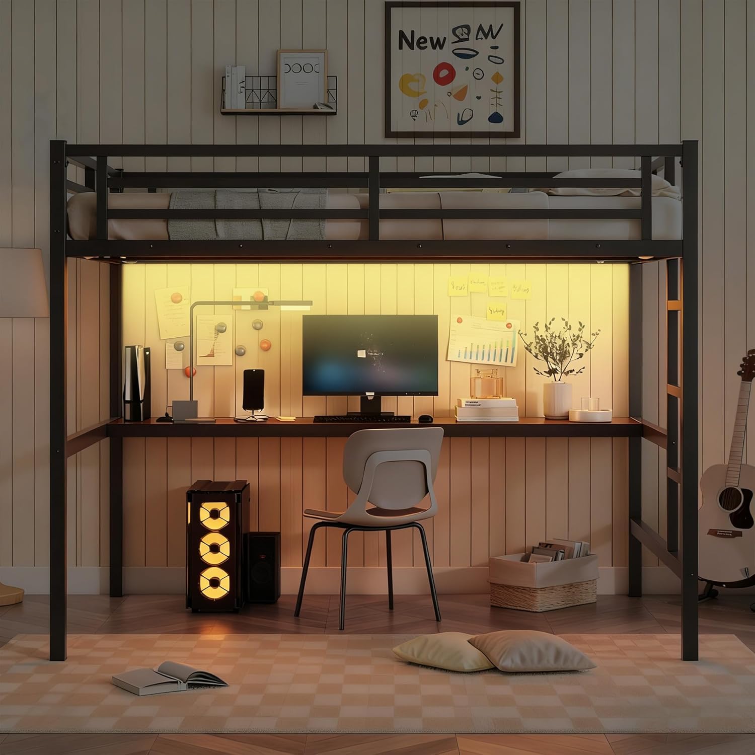 Bellemave Full Size Loft Bed with Woodgrain Desk, Power Outlet & LED Lighted, Heavy-Duty Metal Loft Bed Frame with Guardrails for Kids Teens, Noise Reduced (Black/Full)